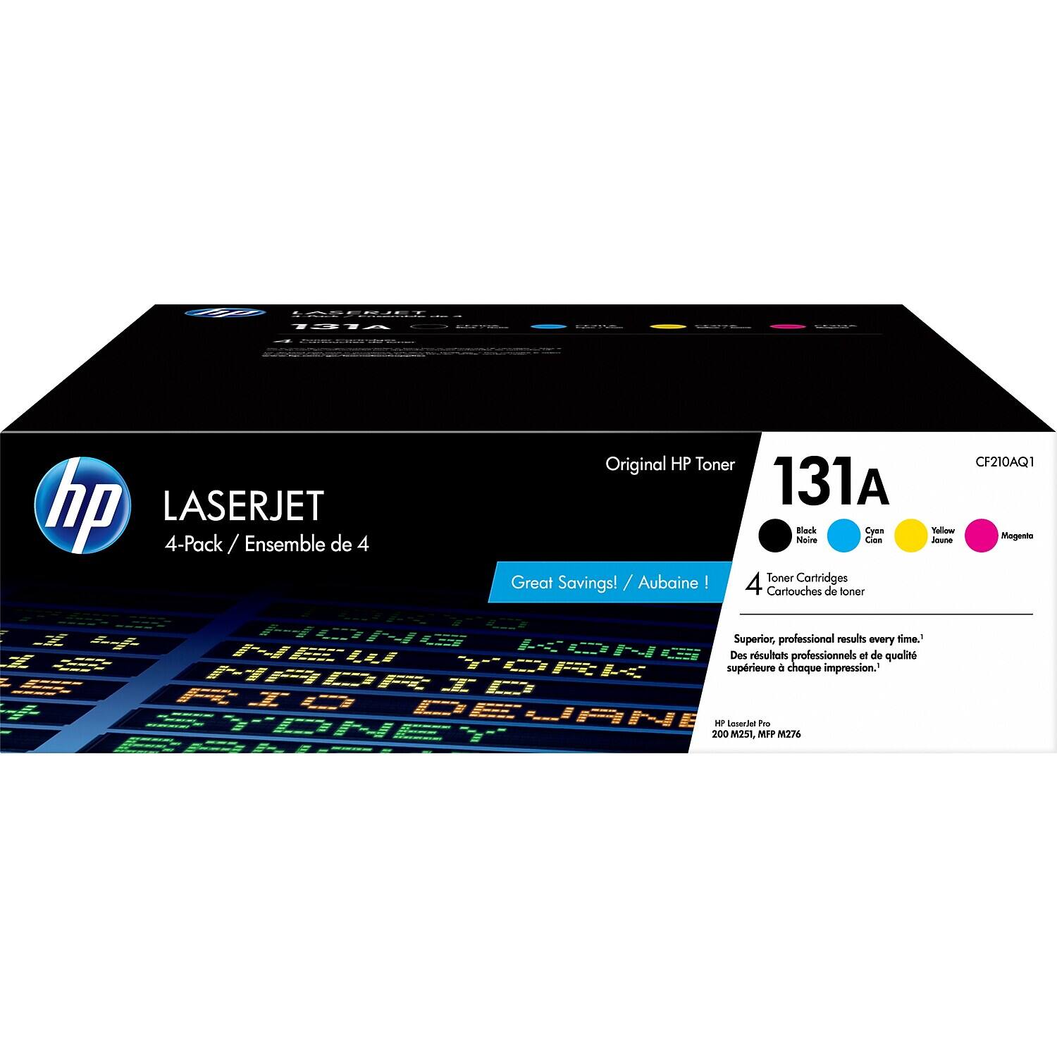 **HP LaserJet 131A Original HP Toner 4-Pack / Ensemble de 4**
- **Great Savings! / Aubaine!**
- **4 Toner Cartridges / 4 Cartouches de toner**
**Colors:**
- Noir (Black)
- Cyan
- Jaune (Yellow)
- Magenta
**Superior, professional results every time. / Des résultats professionnels et de qualité à chaque impression.**
**HP LaserJet Pro 200 M251, MFP M276**
**CF210A Q1**