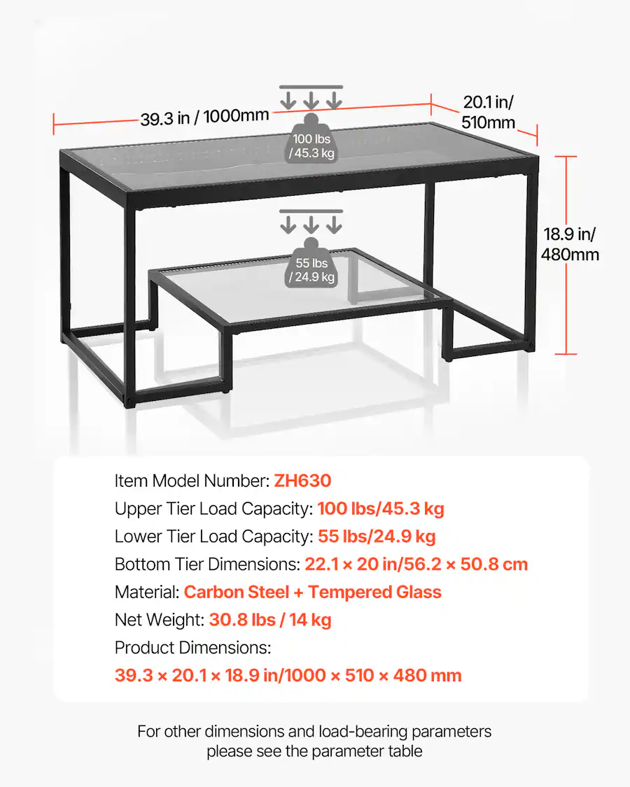 VEVOR Coffee Table, Modern Tempered Glass Coffee Table with Lighting, 2 ...