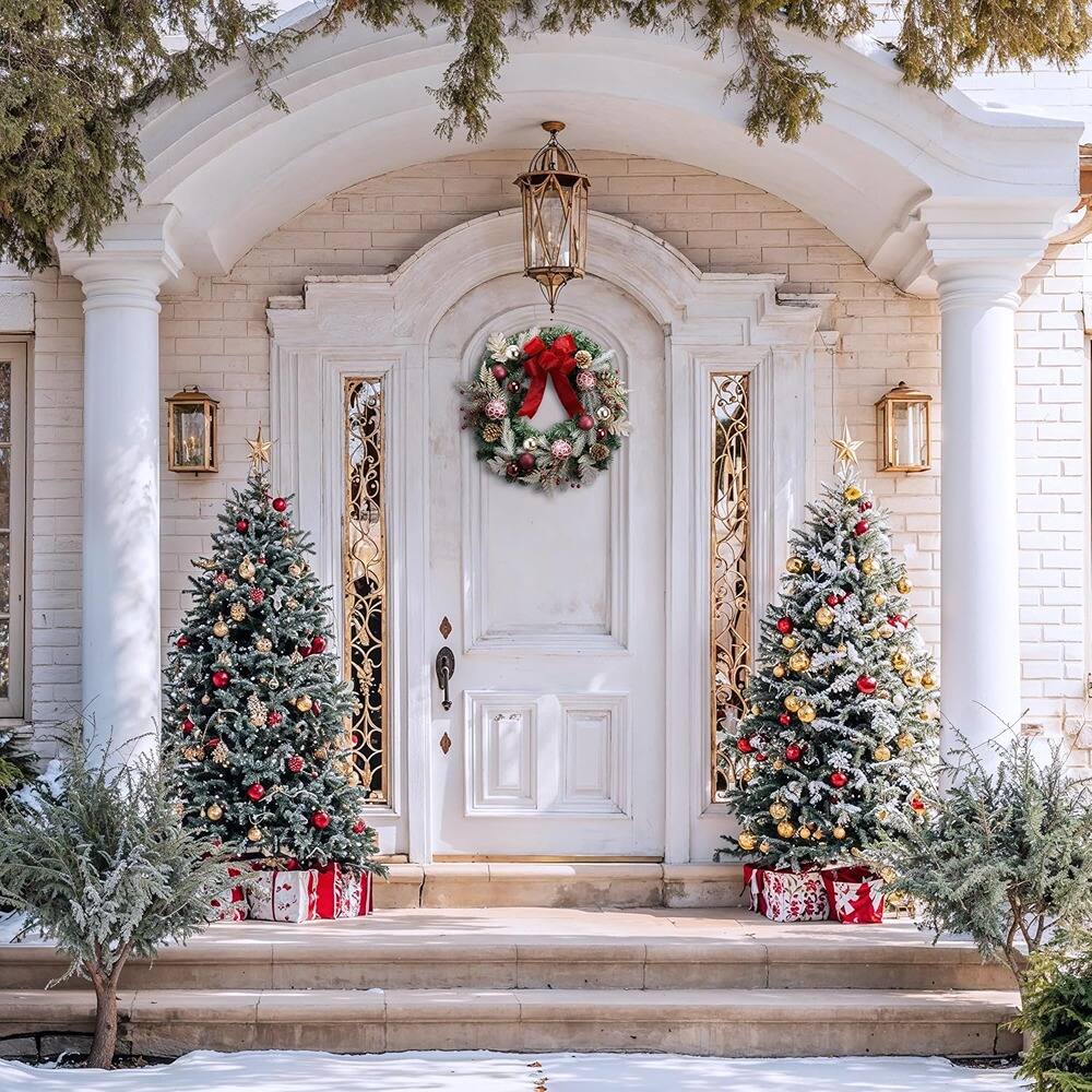 Left. RTMB - 24" Pre-Lit Christmas Wreath, Red & Gold, Outdoor Holiday Decor - colo: Red/Gold Size: 24 Inch.