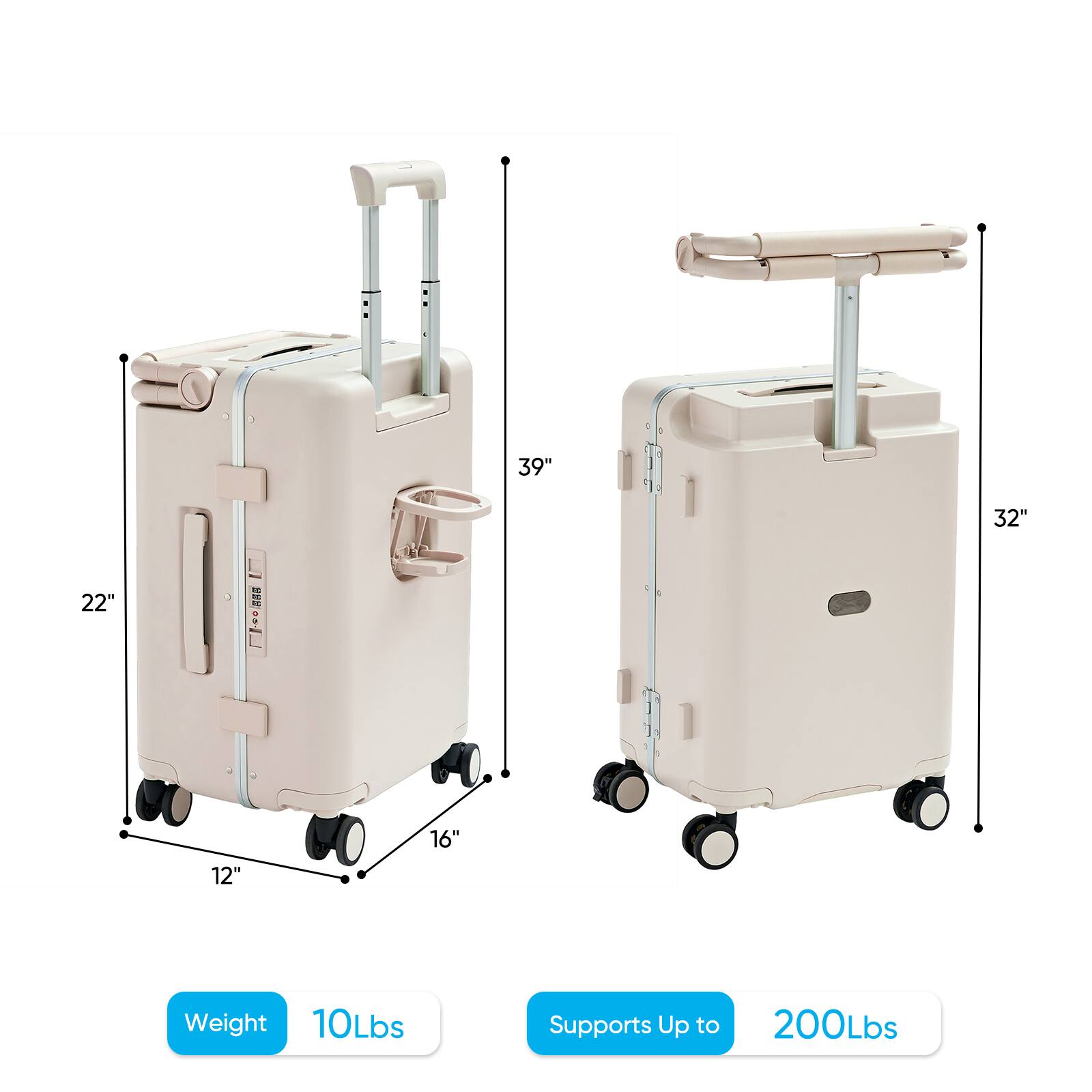 39" 32" 22" 12" 16"  
Weight: 10Lbs  
Supports Up to 200Lbs