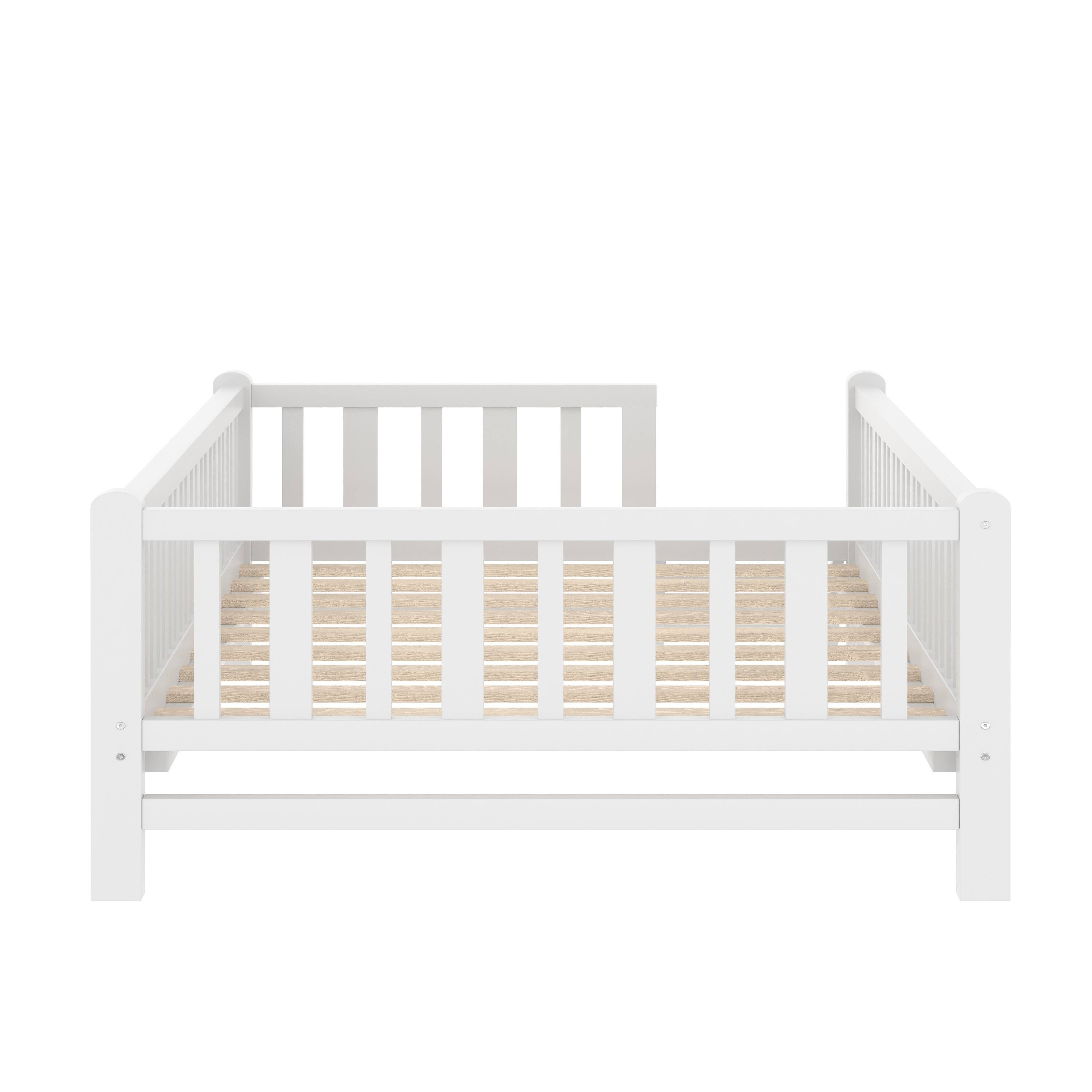 Back. Whisen - Twin Size Wood Platform Bed with Full-Surrounding Guardrails, Sturdy Kids' Bed Frame - White.