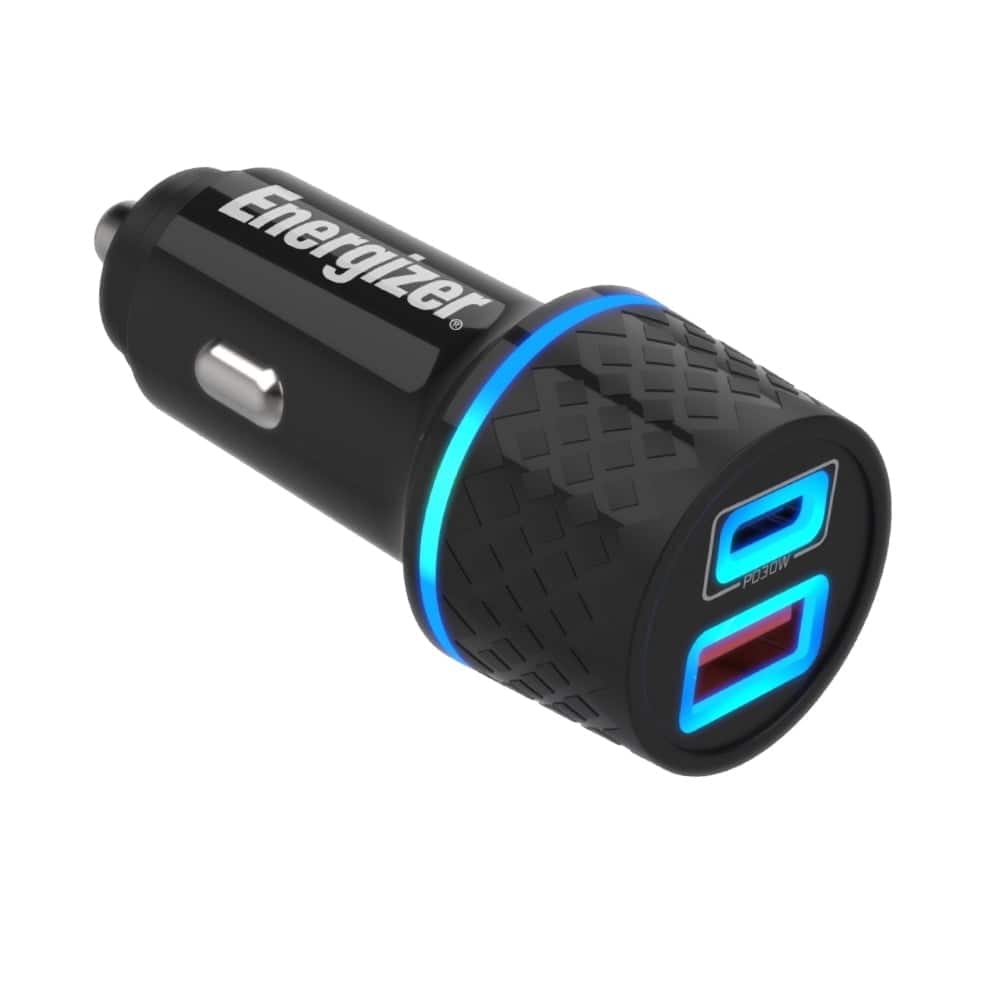 Energizer - 45W Car Charger, USB-C PD 30W & QC 3.0 USB 18W Fast Charger, Dual LED Ports, Black