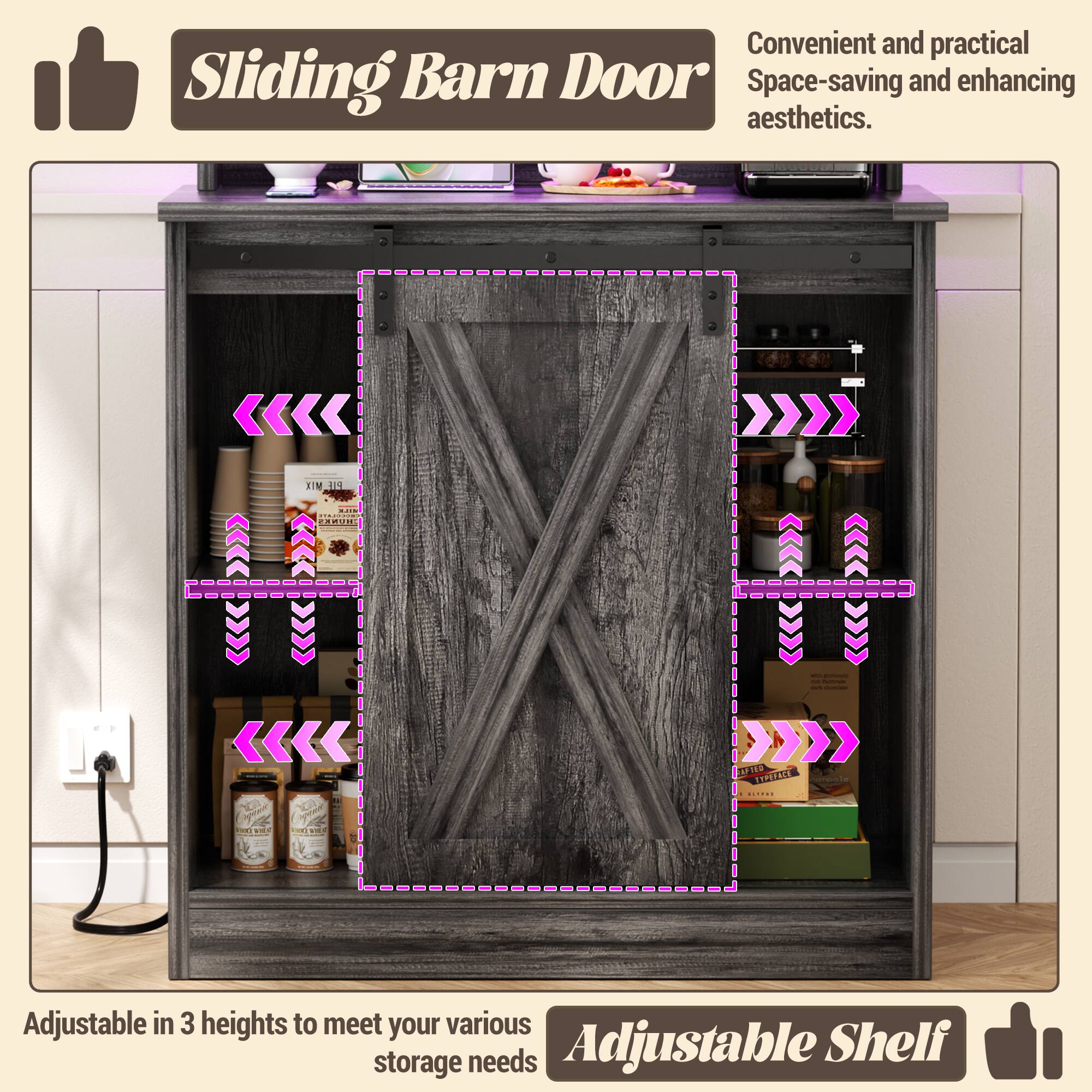 Convenient and practical Sliding Barn Door Space-saving and enhancing aesthetics. Adjustable in 3 heights to meet your various storage needs Adjustable Shelf