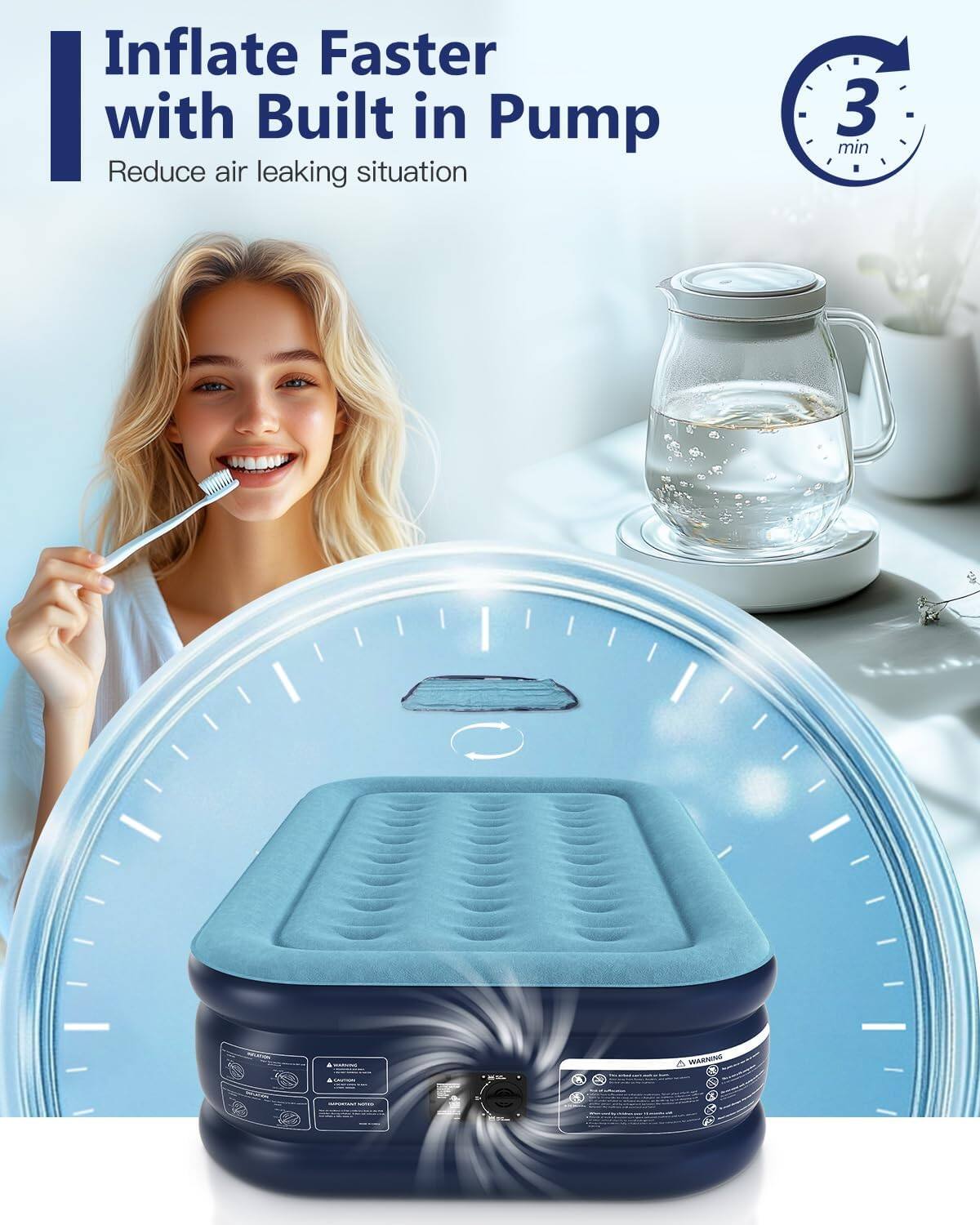 Inflate Faster with Built in Pump, Reduce air leaking situation, 3 min