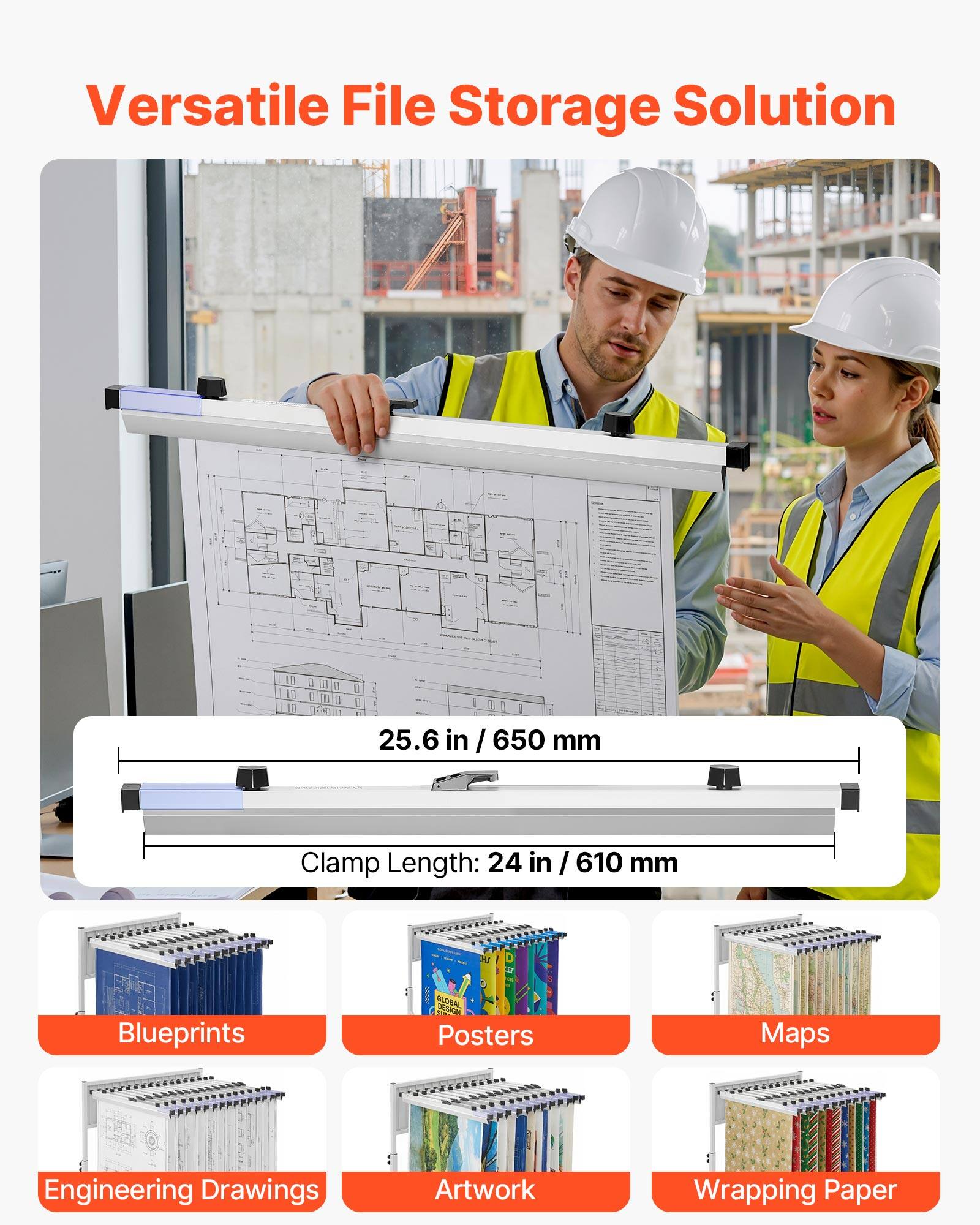 Versatile File Storage Solution

25.6 in / 650 mm

Clamp Length: 24 in / 610 mm

Blueprints

Posters

Maps

Engineering Drawings

Artwork

Wrapping Paper