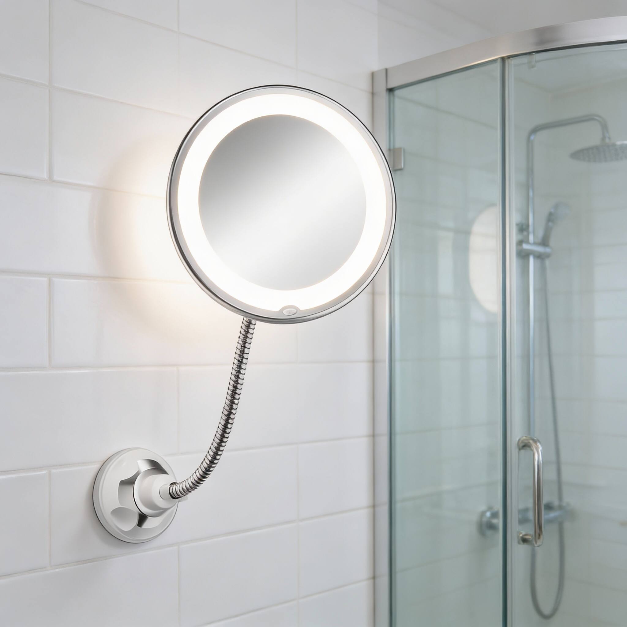 Left. PO3TICJUNKI3 - 10x Lighted Magnifying Mirror, Flexible Gooseneck, Battery Suction Cup - Default.