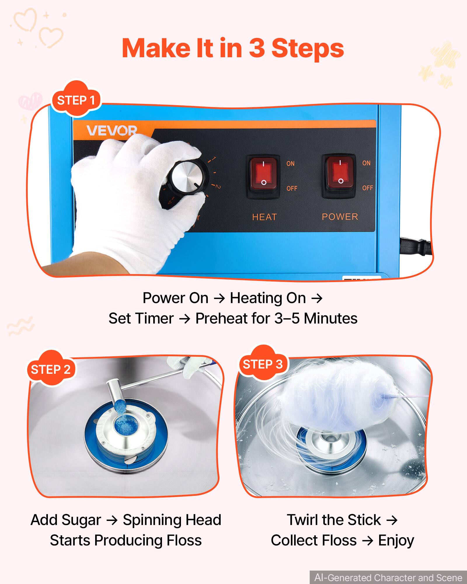 Make It in 3 Steps

STEP 1
VEVOR
ON
ON
OFF
OFF
HEAT
POWER
Power On → Heating On → Set Timer → Preheat for 3-5 Minutes

STEP 2
Add Sugar → Spinning Head Starts Producing Floss

STEP 3
Twirl the Stick → Collect Floss → Enjoy

AI-Generated Character and Scene
