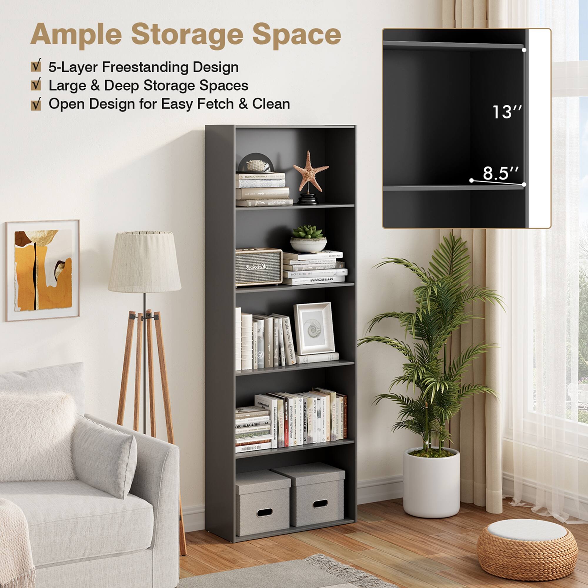 Ample Storage Space 5-Layer Freestanding Design Large & Deep Storage Spaces Open Design for Easy Fetch & Clean 13" | 8.5"