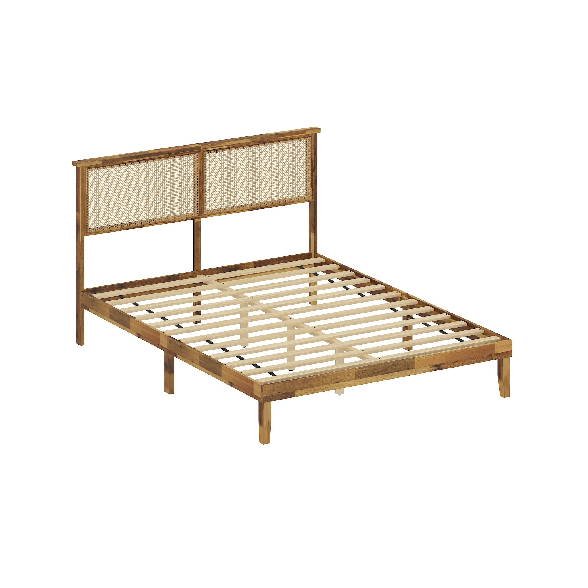 Left. Famapy - Famapy Solid Wood Platform Bed Frame - Rattan Headboard, Acacia Wood, Sturdy Slat Support - Wooden.