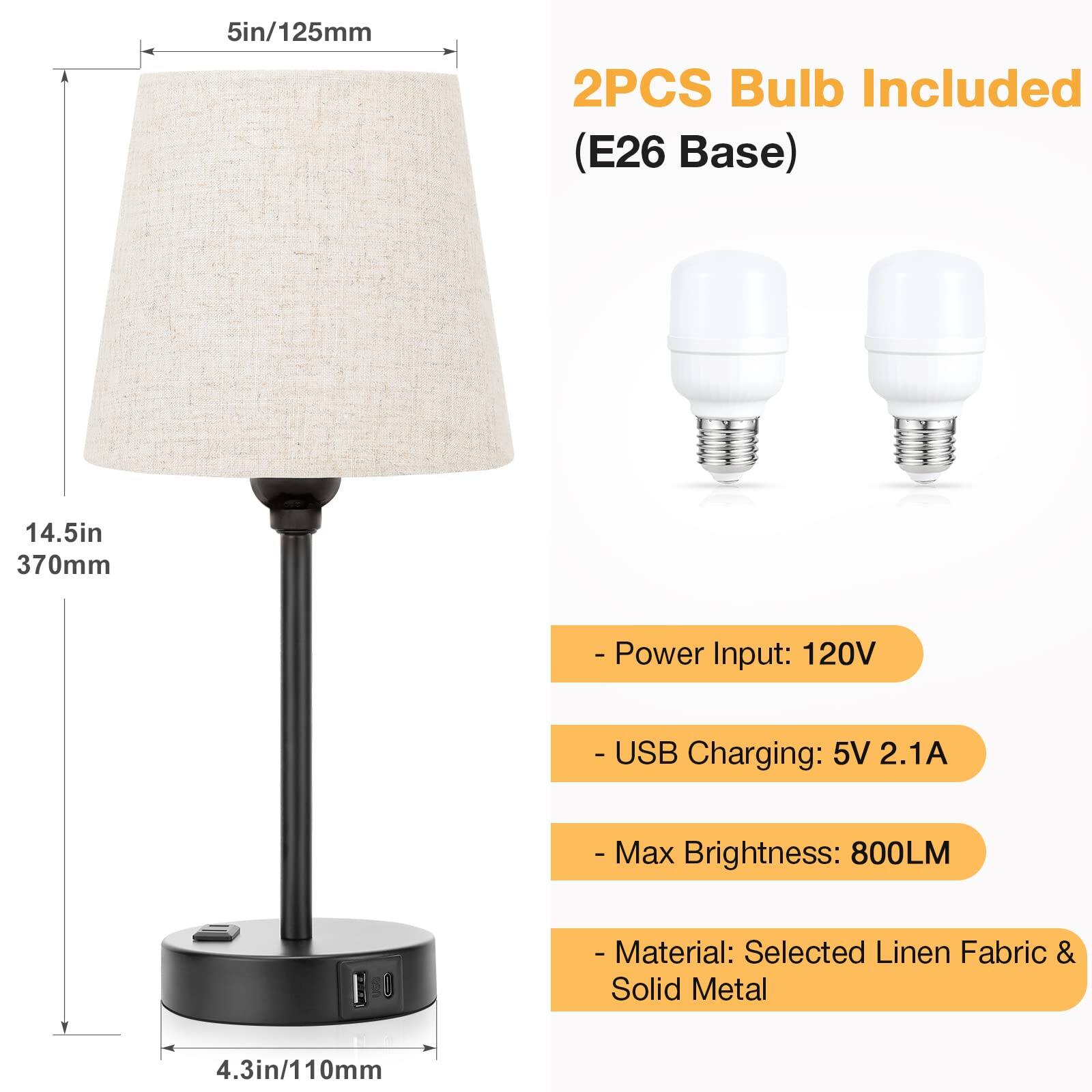 - 5in/125mm
- 14.5in/370mm
- 4.3in/110mm

2PCS Bulb Included (E26 Base)

- Power Input: 120V
- USB Charging: 5V 2.1A
- Max Brightness: 800LM
- Material: Selected Linen Fabric & Solid Metal