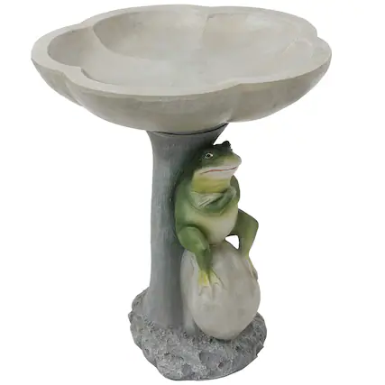 Front. Sunnydaze - Polyresin Brooding Frog on Stone Outdoor Garden Bird Bath - 22 in - Light Grey.