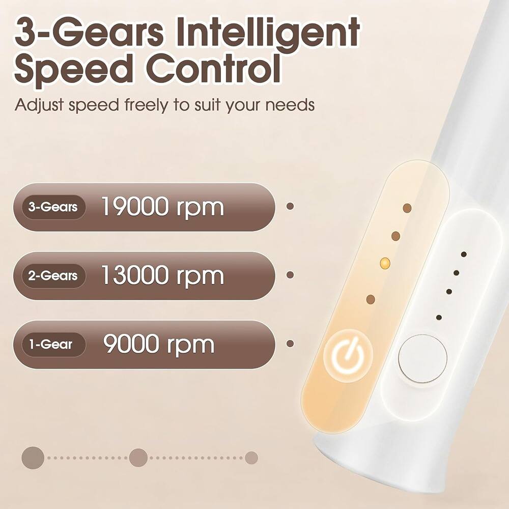 3-Gears Intelligent Speed Control  
Adjust speed freely to suit your needs  

3-Gears 19000 rpm  
2-Gears 13000 rpm  
1-Gear 9000 rpm