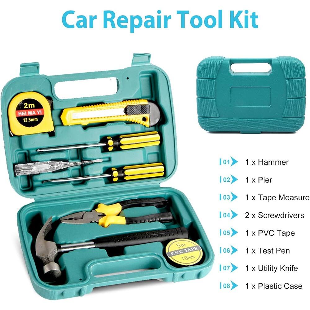 Car Repair Tool Kit

01 1 x Hammer  
02 1 x Pier  
03 1 x Tape Measure  
04 2 x Screwdrivers  
05 1 x PVC Tape  
06 1 x Test Pen  
07 1 x Utility Knife  
08 1 x Plastic Case