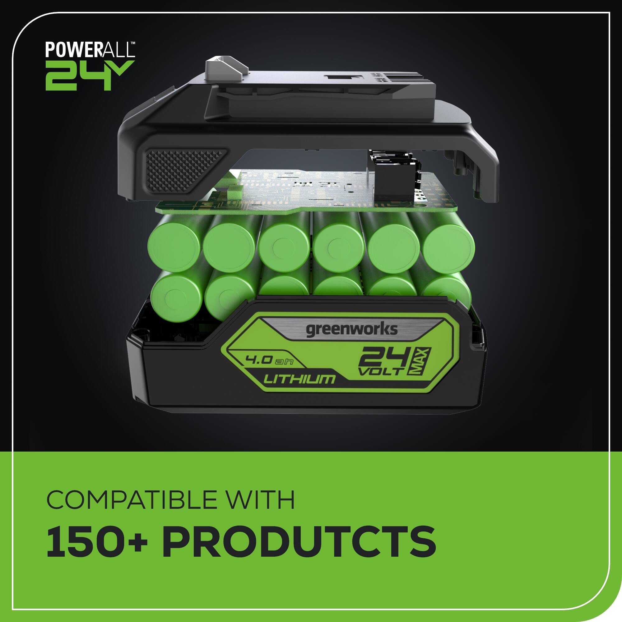 POWERALL 24Y  
greenworks 4.0  
24 MAX VOLT  
LITHIUM  
COMPATIBLE WITH 150+ PRODUCTS