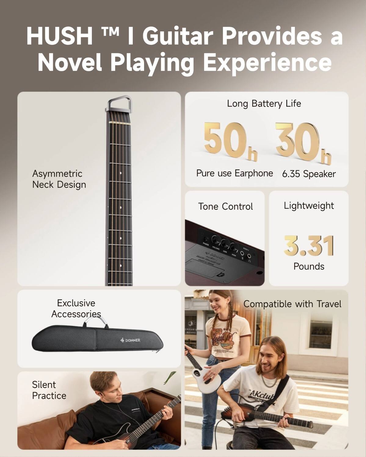 HUSH TM I Guitar Provides a Novel Playing Experience

Asymmetric Neck Design
Long Battery Life 50h 30h
Pure use Earphone 6.35 Speaker
Tone Control
Lightweight 3.31 Pounds
Exclusive Accessories
Compatible with Travel
Silent Practice