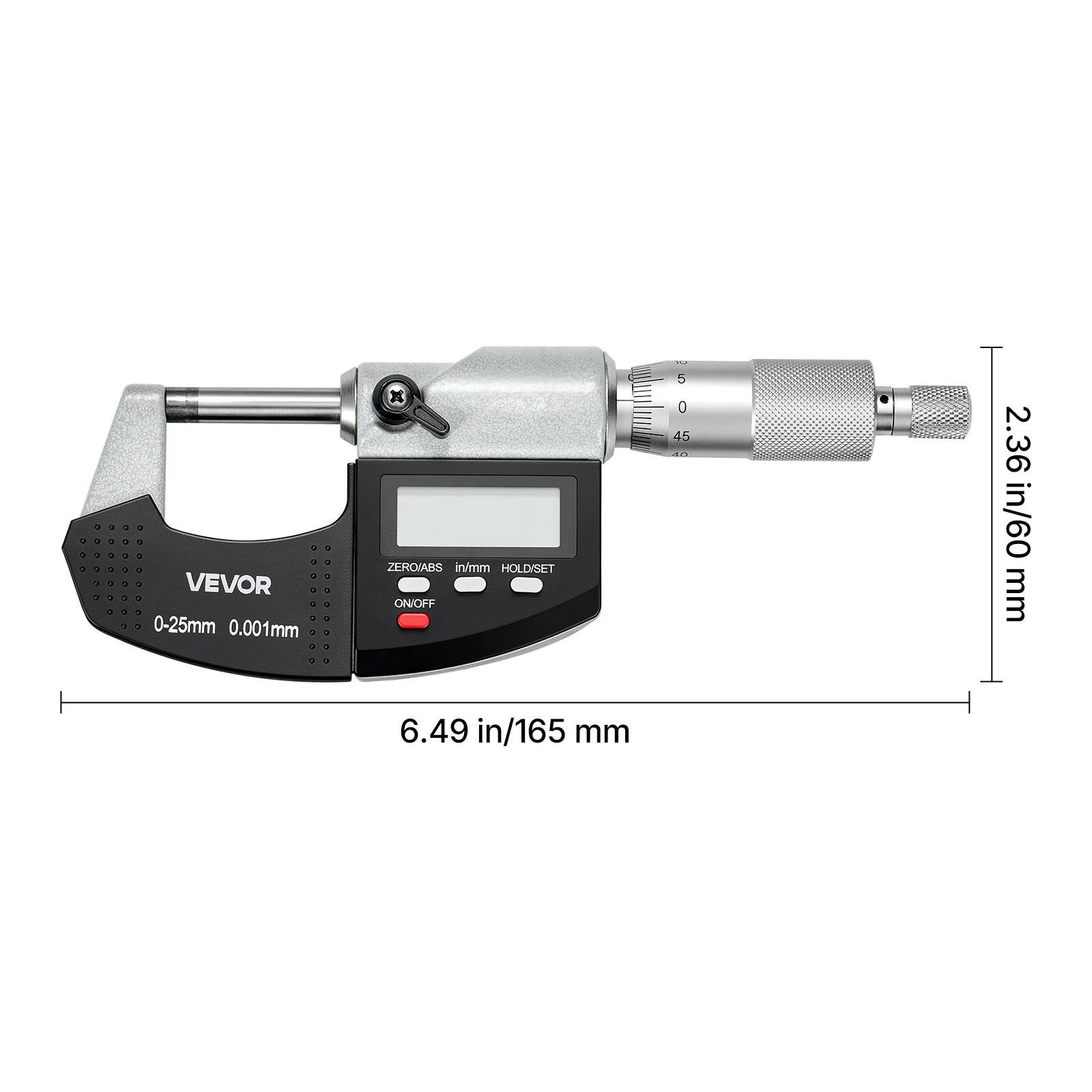 VEVOR 0-25mm 0.001mm x ZERO/ABS in/mm HOLD/SET ON/OFF 5 0 45 2.36 in/60 mm 6.49 in/165 mm