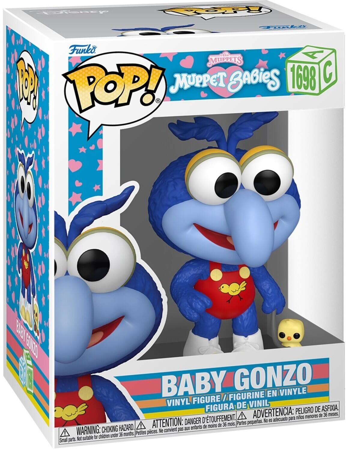 Sure, here is the corrected and grouped text from the image:

---

**Funko POP!**

**The Muppets Muppet Babies**

**1698 C**

**BABY GONZO**

**VINYL FIGURE / FIGURINE EN VINYLE / FIGURA DE VINIL**

**WARNING: CHOKING HAZARD. Small parts. Not suitable for children under 36 months.**

**ADVERTENCIA: PELIGRO DE ASFIXIA. Piezas pequeñas. No es adecuado para niños menores de 36 meses.**

**ATTENTION: DANGER D’ÉTOUFFEMENT. Petites pièces. Ne convient pas aux enfants de moins de 36 mois.**

---

This text is taken directly from the packaging and grouped accordingly.