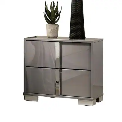 Front. Manhattan Lane - Suni Nightstand, Light Taupe Wood with UV Finish, 2 Drawers, 24 Inch - Light Taupe, Chrome.