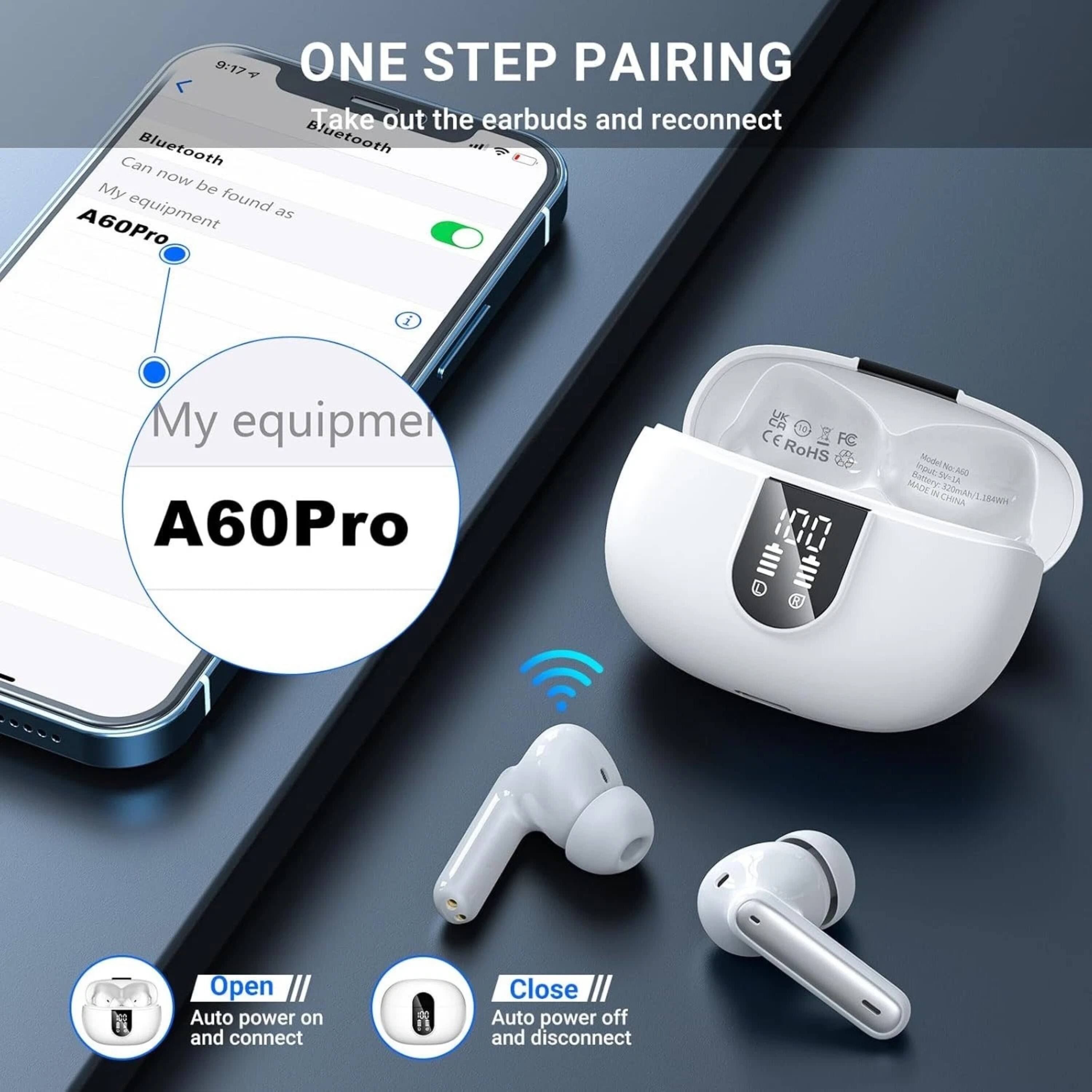 9:17 + ONE STEP PAIRING  
Take out the earbuds and reconnect Bluetooth  
Bluetooth Can now be found as My equipment A60Pro  
My equipment A60Pro  
B CE A RoHS INL N L  
Made in China  
Model No: A60Pro  
Battery: 3.7V/1.18Wh  
Open Auto power on and connect  
Close Auto power off and disconnect