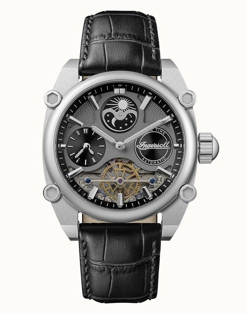 Ingersoll - The Varsity Sun And Moon Phase Automatic 22 Jewels I15402 Mens Watch Leather Strap Skeleton Grey Dial - Gray
