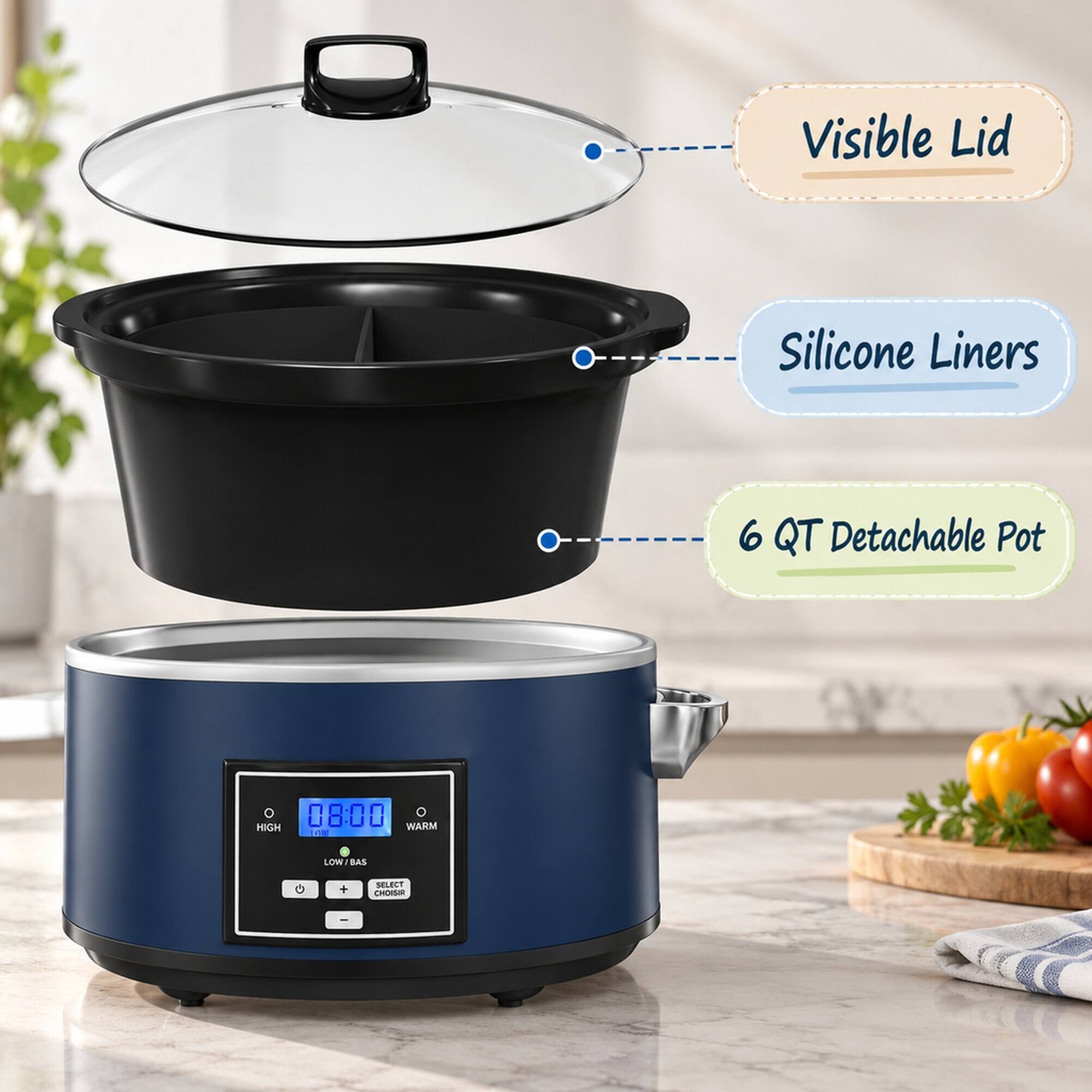 Visible Lid  
Silicone Liners  
6 QT Detachable Pot  
08:00 HIGH WARM  
LOW! BAS  
0  
+  
SELECT CHOISIR