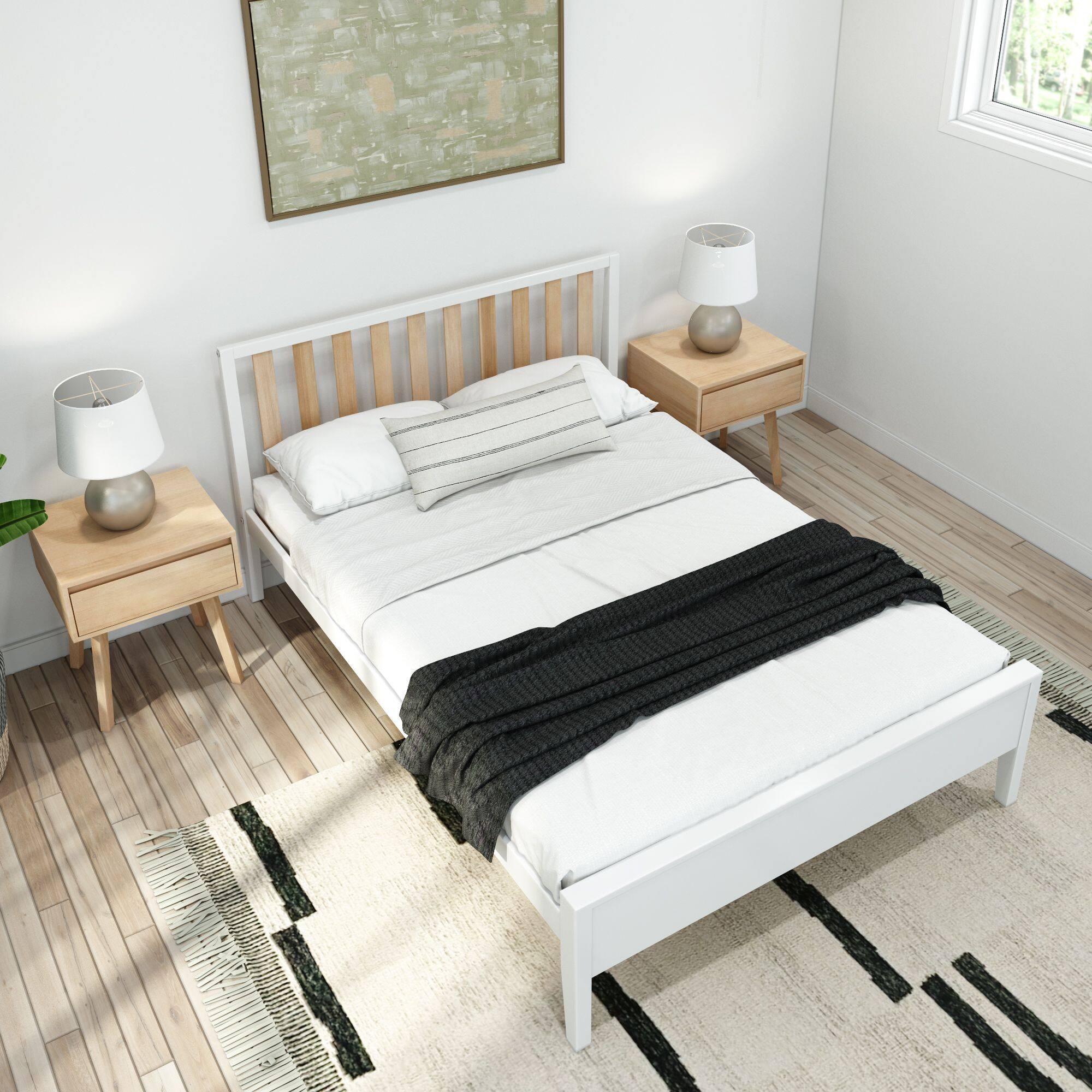 Alt View 5. Plank+Beam - Scandinavian Full-Size Bed with Slatted Headboard, White/Blonde - White/Blonde.