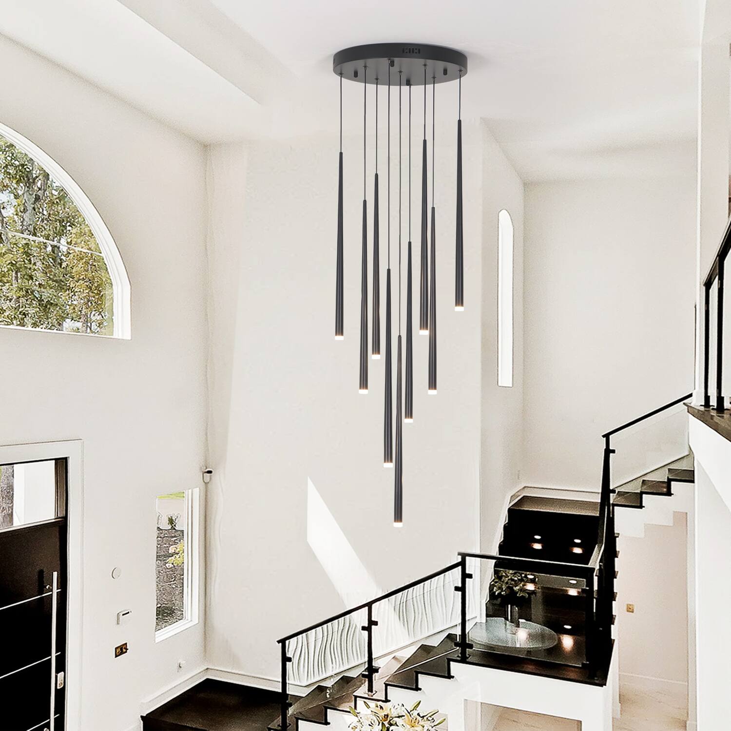 Alt View 1. Umeiluce - 9- Light Cluster Cone LED Chandelier Pendant Kitchen Island Black Dimmable - Matte Black.