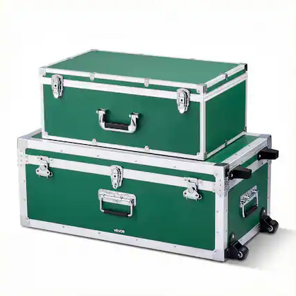 Front. VEVOR - Metal Storage Trunk, Set of 2, Wooden Suitcase Storage Boxes with Padlocks, Large Trunk Includes Casters - Green.