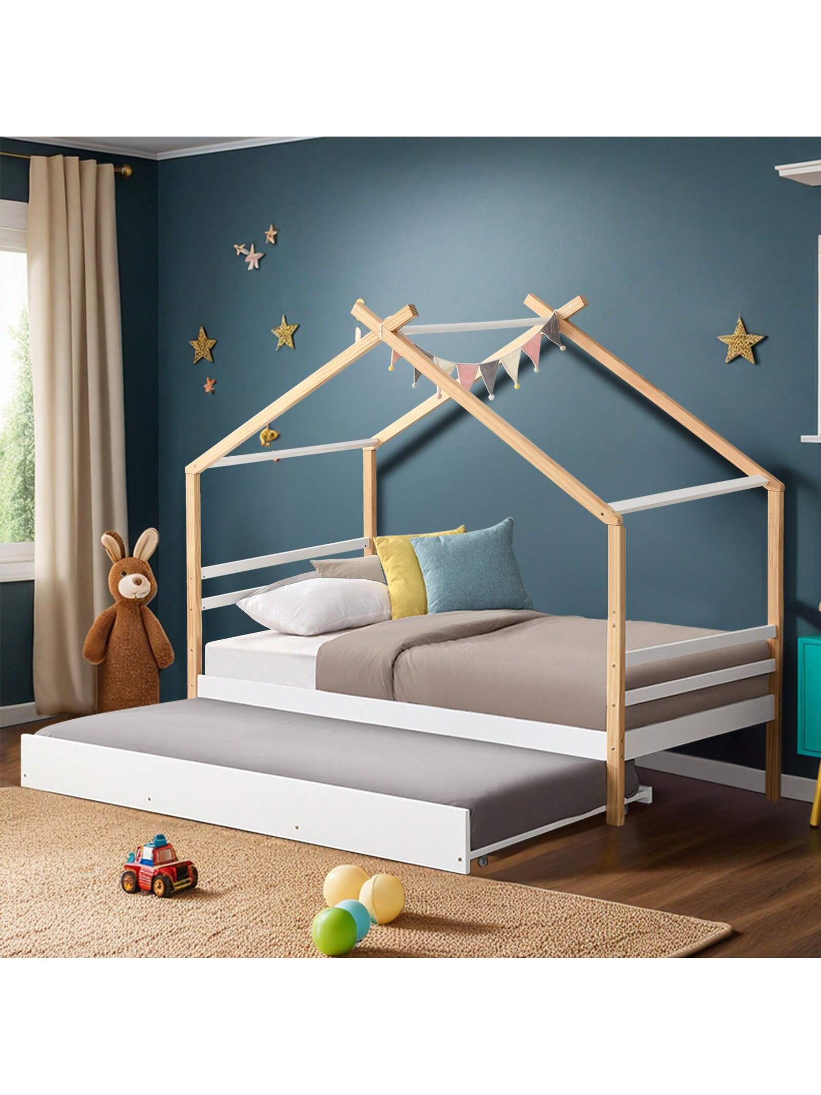 Angle. Trinkets Crazed - Twin House Bed With Trundle, Twin Size Wood Montessori Tent Platform Bed Frame With Safety Guardrail - White.