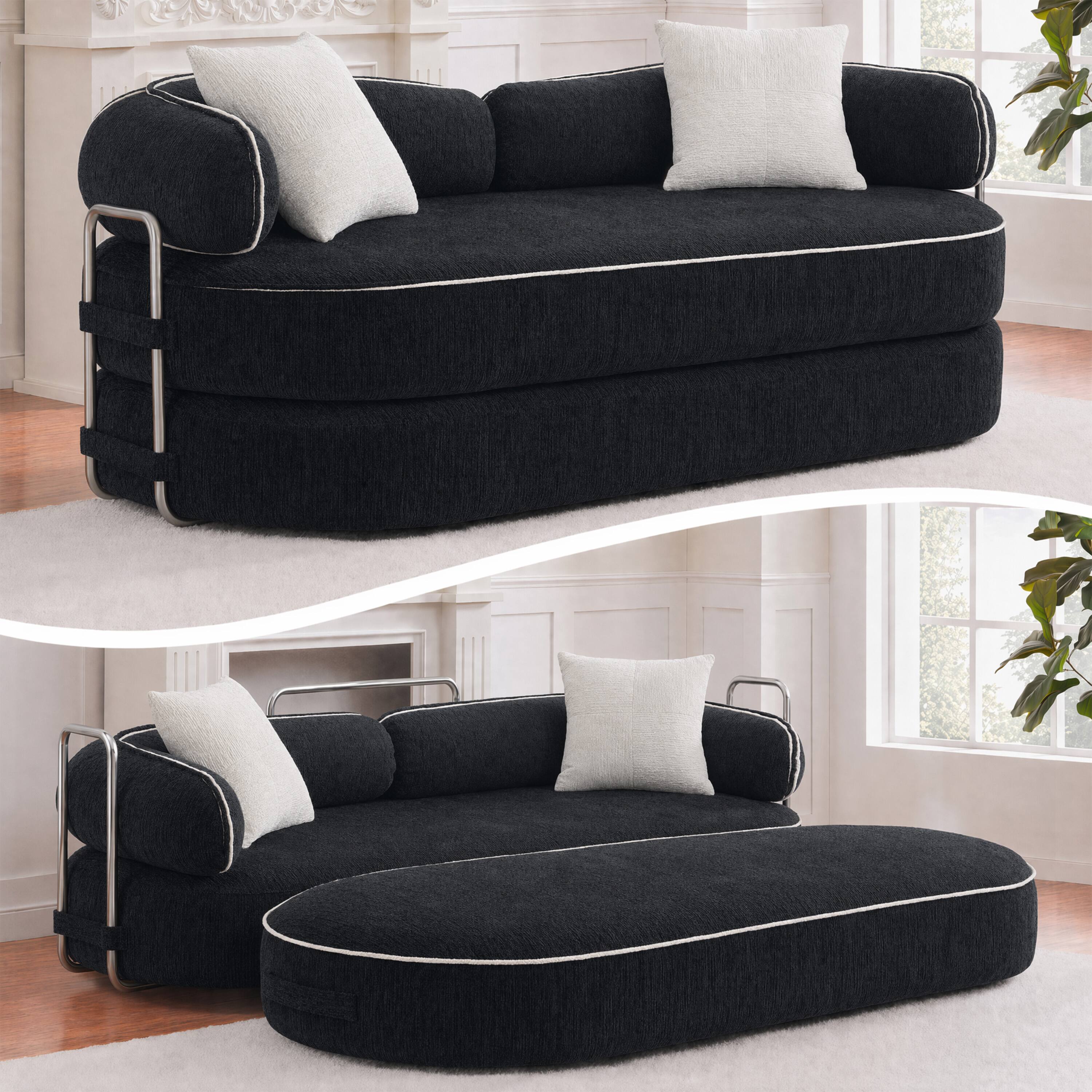 Alt View 6. Vipbear - Curved Loveseat with 4 Pillows, Modern Boneless Couch, Convertible Sleeper Sofa Bed - Black/white.