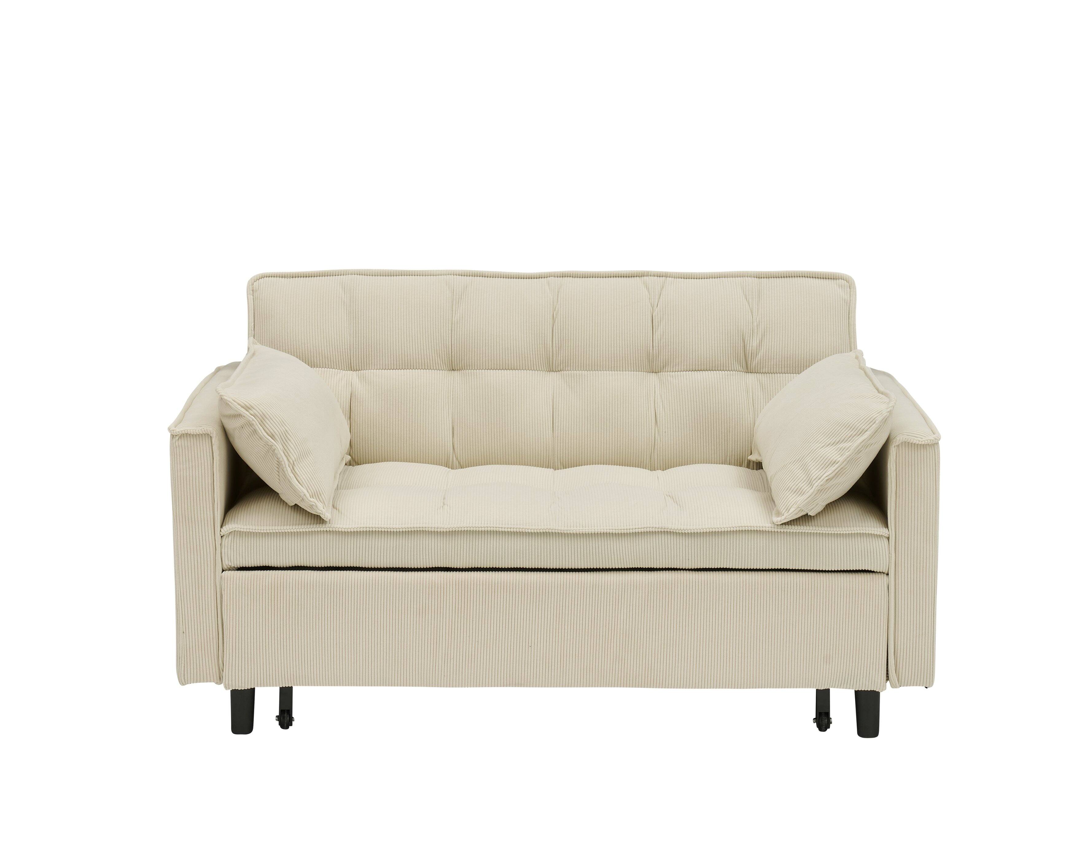 Back. GOODSILO - Elegant 55-Inch Velvet Sofa Bed with Storage Pockets - Three-in-One Convertible Design - Beige.