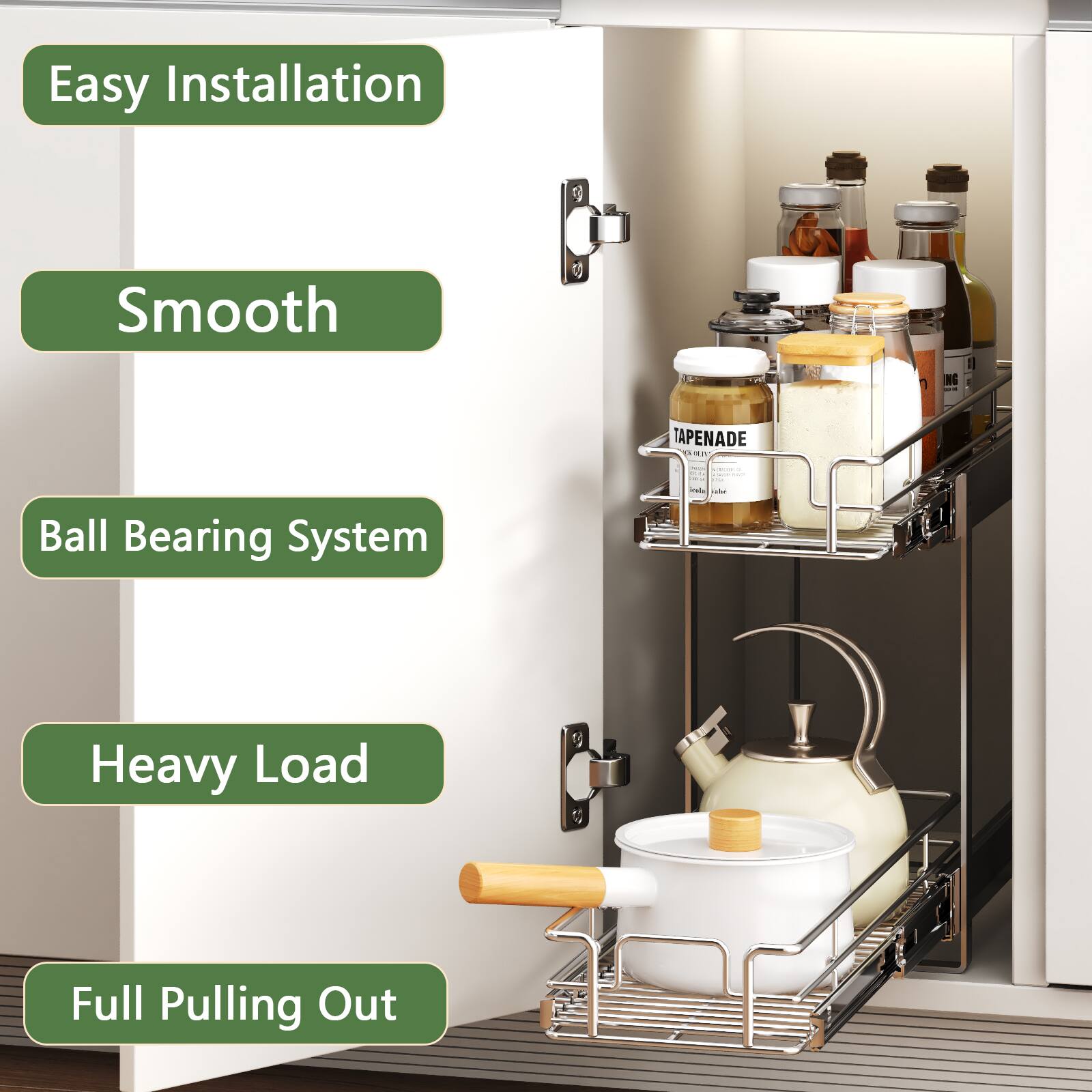 Easy Installation, Smooth, Ball Bearing System, Heavy Load, Full Pulling Out