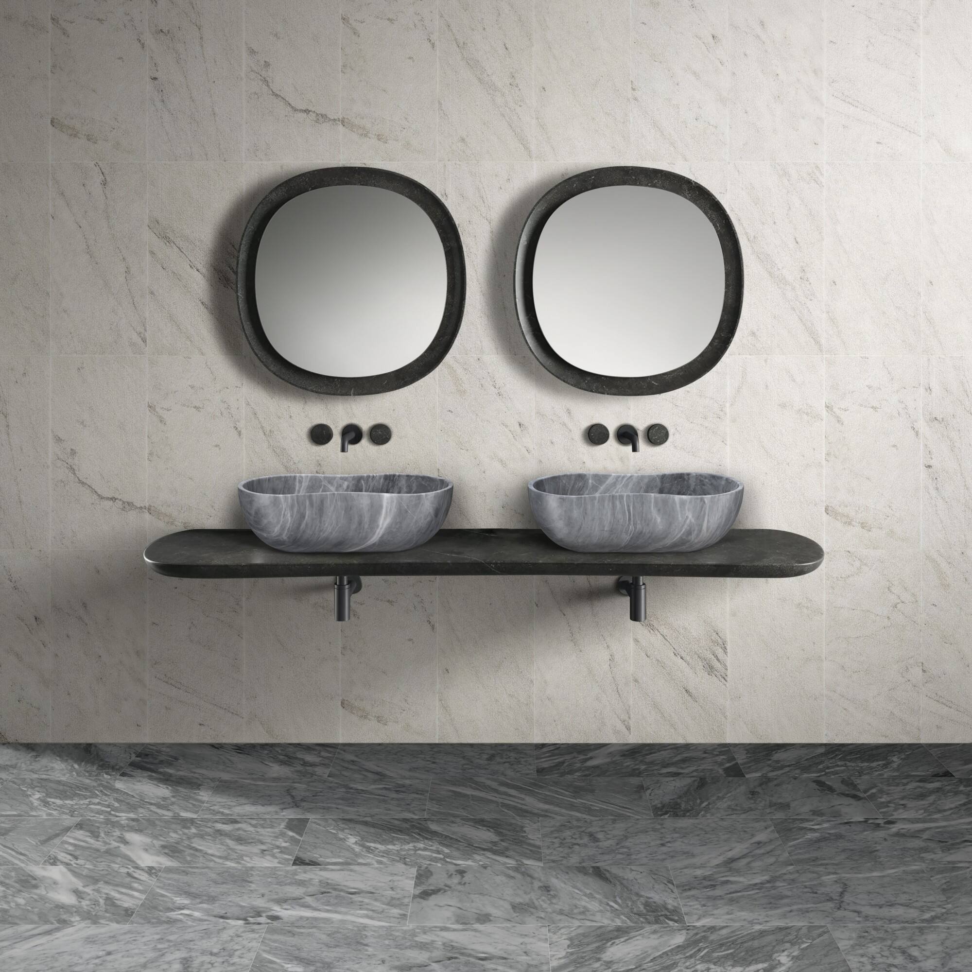 Left. ELEMENT ACE - Natural Gray Marble Bathroom Vessel Sink with Semi-Polished Surface and Wavy Silhouette Design - Gray.