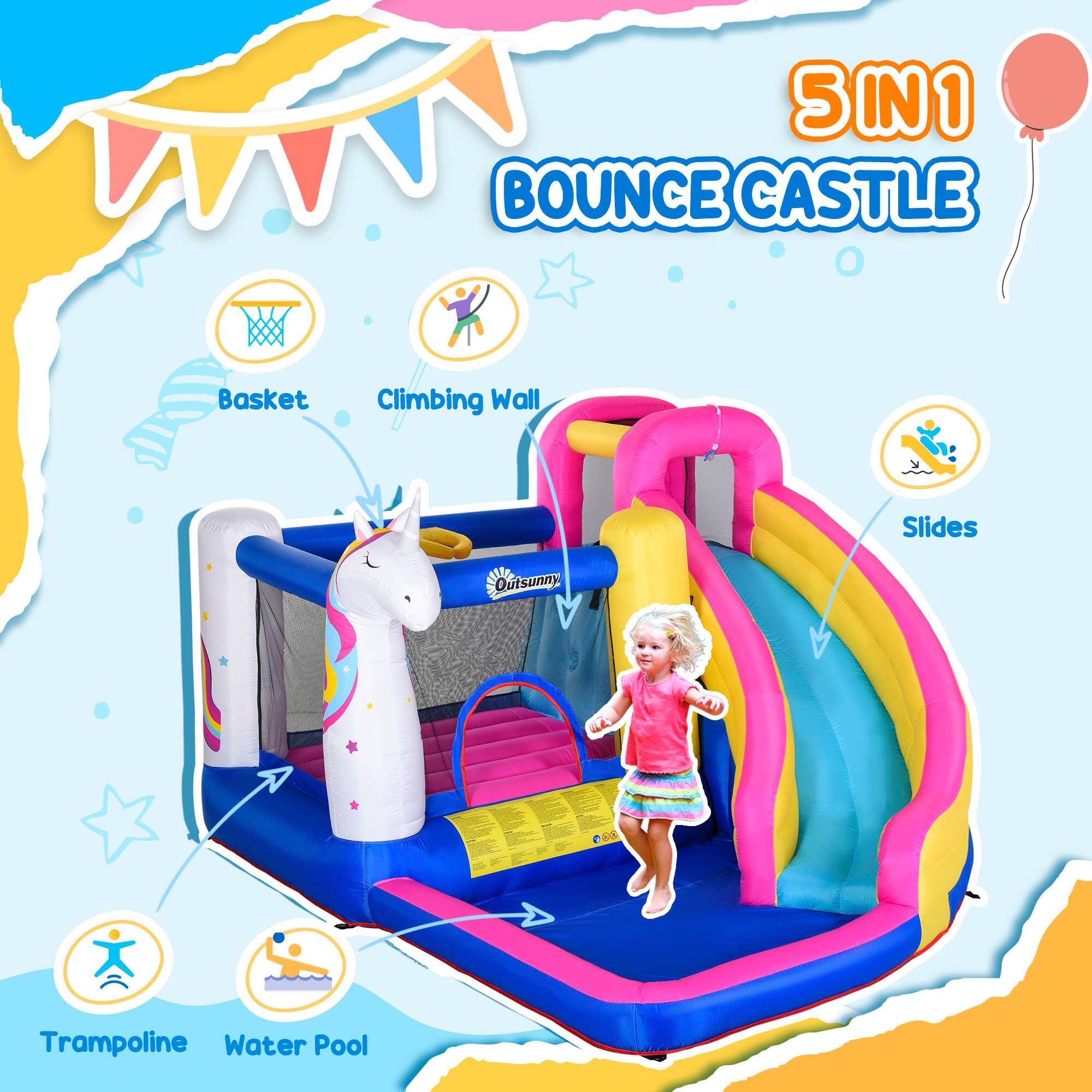 5IN1 BOUNCE CASTLE

Basket  
Climbing Wall  
Slides  
Trampoline  
Water Pool  

Outsunny