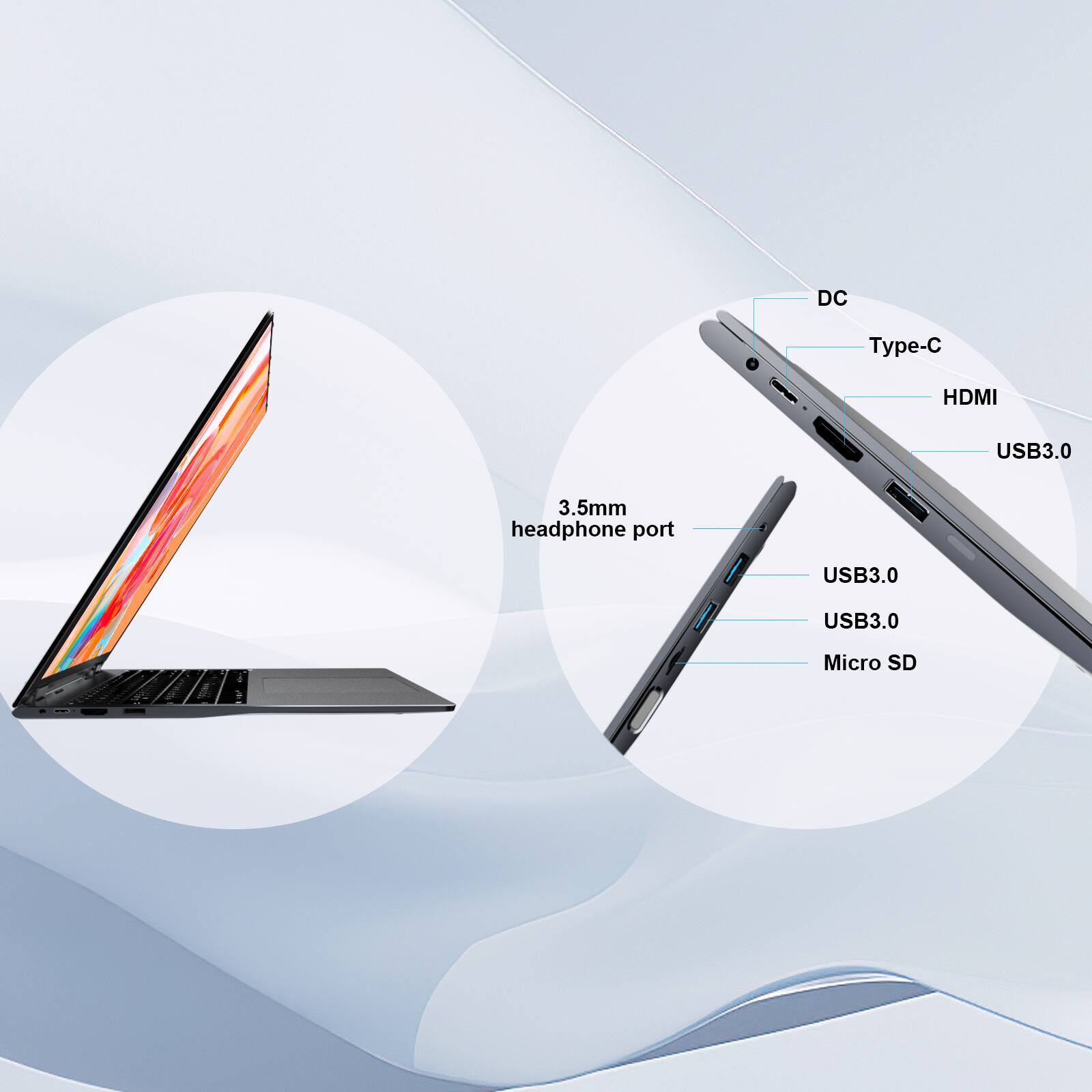 DC Type-C, HDMI, USB3.0, 3.5mm headphone port, USB3.0, USB3.0, Micro SD