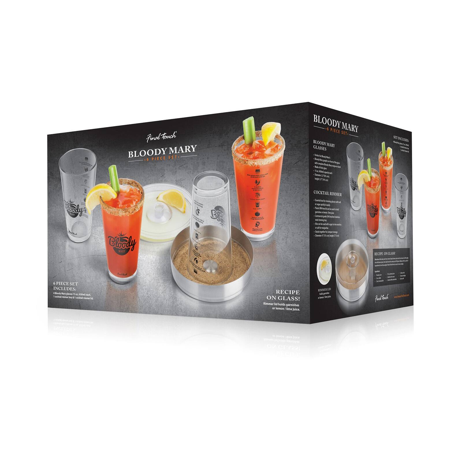 Amol Touch BLOODY MARY PIECE SET.

BLOODY PIECE MARY SET.

BLOODYMARY CLASSES JOKI - SITINGES

ColaCola Will

BR

COCKTAIL REMAIDER bie mathrogida

RECIPE

4 PIECESET INCLUDES: <Body of Perce 14 KEE at Total comet 2mg) M cold lower

RECIPE ON GLASS! Rimmer M d'halds gamishes 9 lemon lime Juice.

ADDERAD

- NO GLASS!