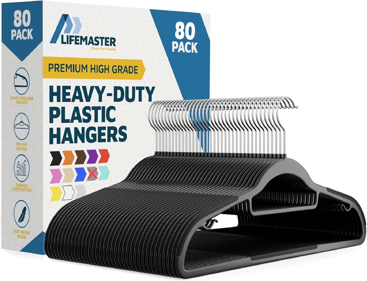 80 PACK LIFEMASTER 80 Elevete Your Eeeryday PACK PREMIUM HIGH GRADE SMART GROOVES SHOULDER HEAVY-DUTY PLASTIC NON-SLIP HANGERS COATING DURABLE CONSTRUCTION X LIGHT WEIGHT DESIGN