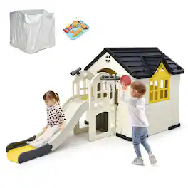 Gymax - Outdoor Play house and Slide Set for Kids w/ 7 PCS Toy Set & Waterproof Cover - Yellow
