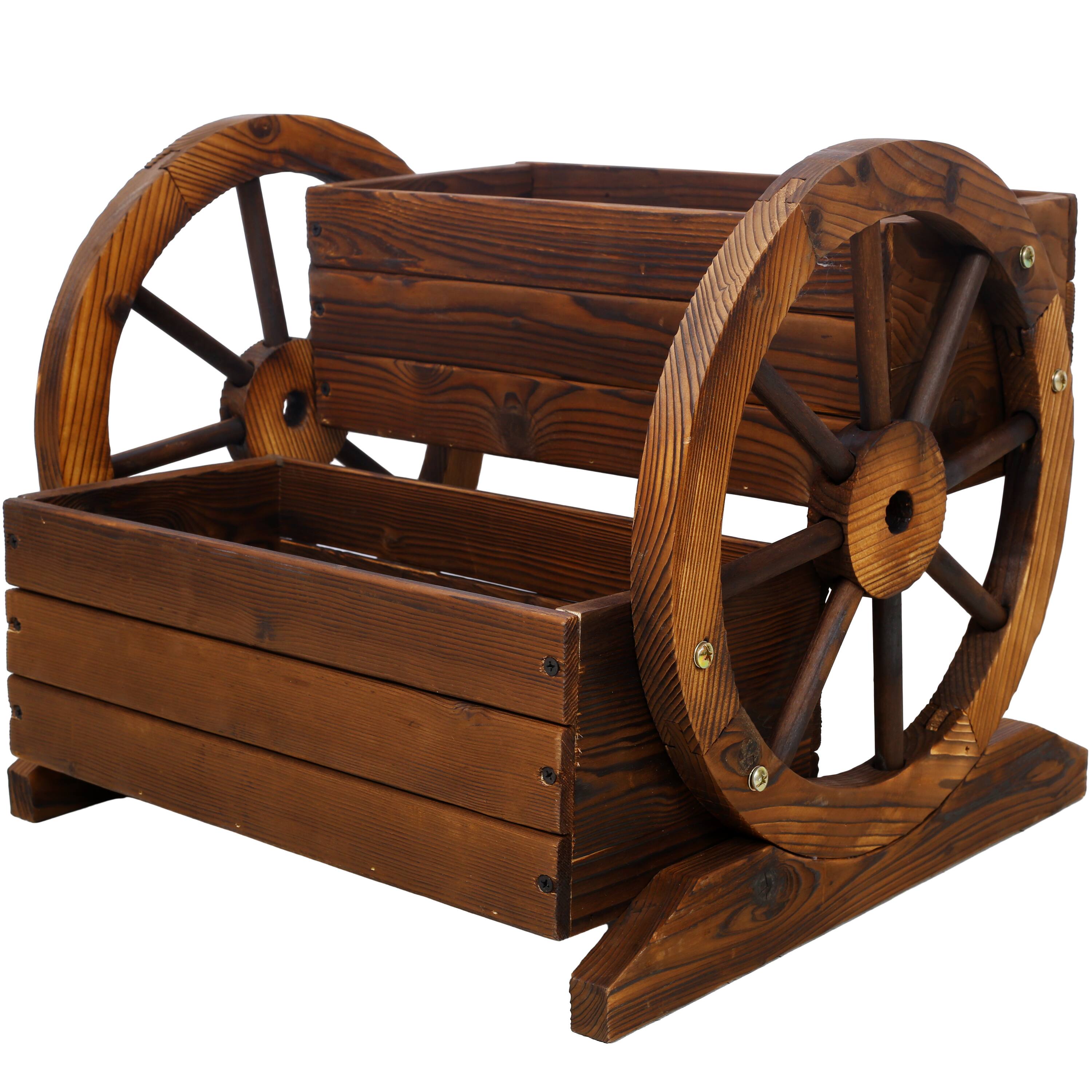 Front. GOODSILO - Wooden Wagon Planter Box - 2 Tier Garden Flower Cart for Indoor Outdoor Plants & Herbs - Brown.