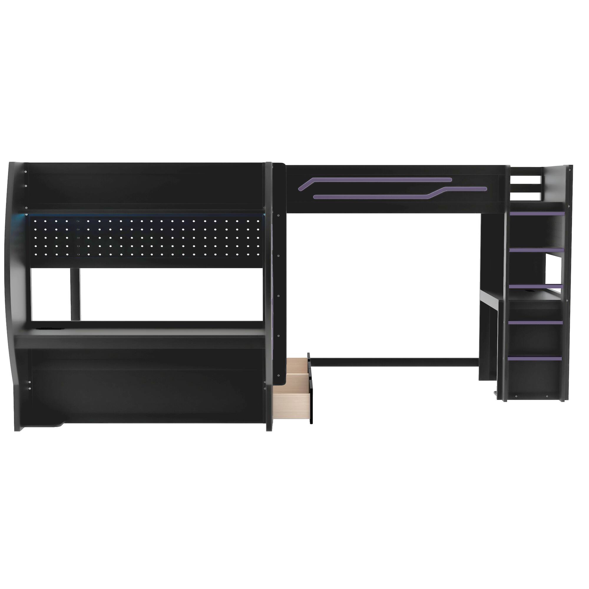 Back. Whisen - L-Shaped Full and Twin Size Gaming Bunk Bed with Built-in Desks,Storage,Pegboard,LED Light and Charging Station - Black.