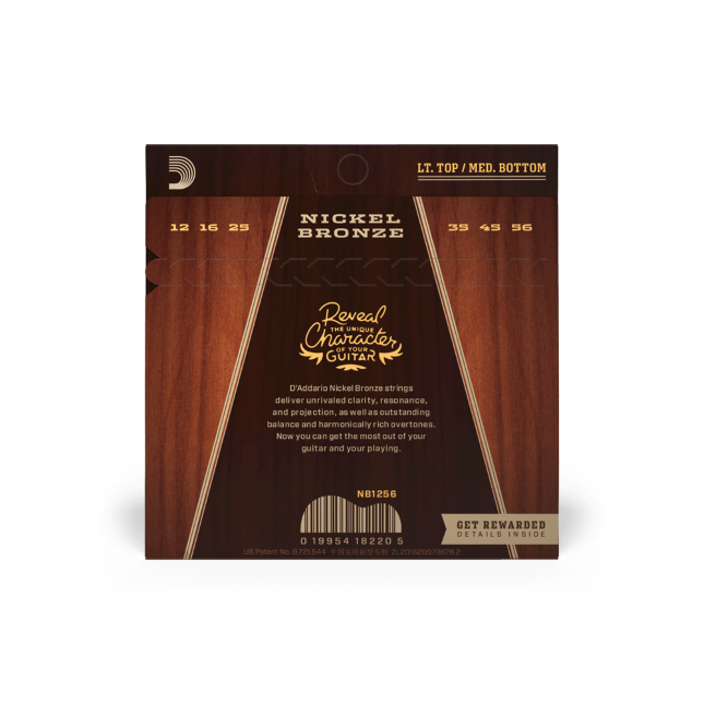 LT. TOP / MED. BOTTOM  
12 16 25  
NICKEL BRONZE  
35 45 56  

Reveal THE UNIQUE CHARACTER OF YOUR GUITAR  
D'Addario Nickel Bronze strings deliver unrivaled clarity, resonance, and projection, as well as outstanding balance and harmonically rich overtones. Now you can get the most out of your guitar and your playing.  

NB1256  
GCT  
REWARDED DETAILS INSIDE  

US Patent No 0.721544  
19954 18220 5  
212016209736782