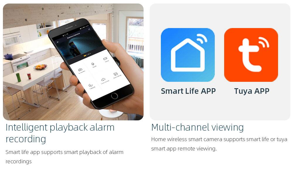 Ev Camera Battery Smart Life APP and Tuya APP

Intelligent playback alarm recording
Smart life app supports smart playback of alarm recordings

Multi-channel viewing
Home wireless smart camera supports smart life or tuya smart app remote viewing.