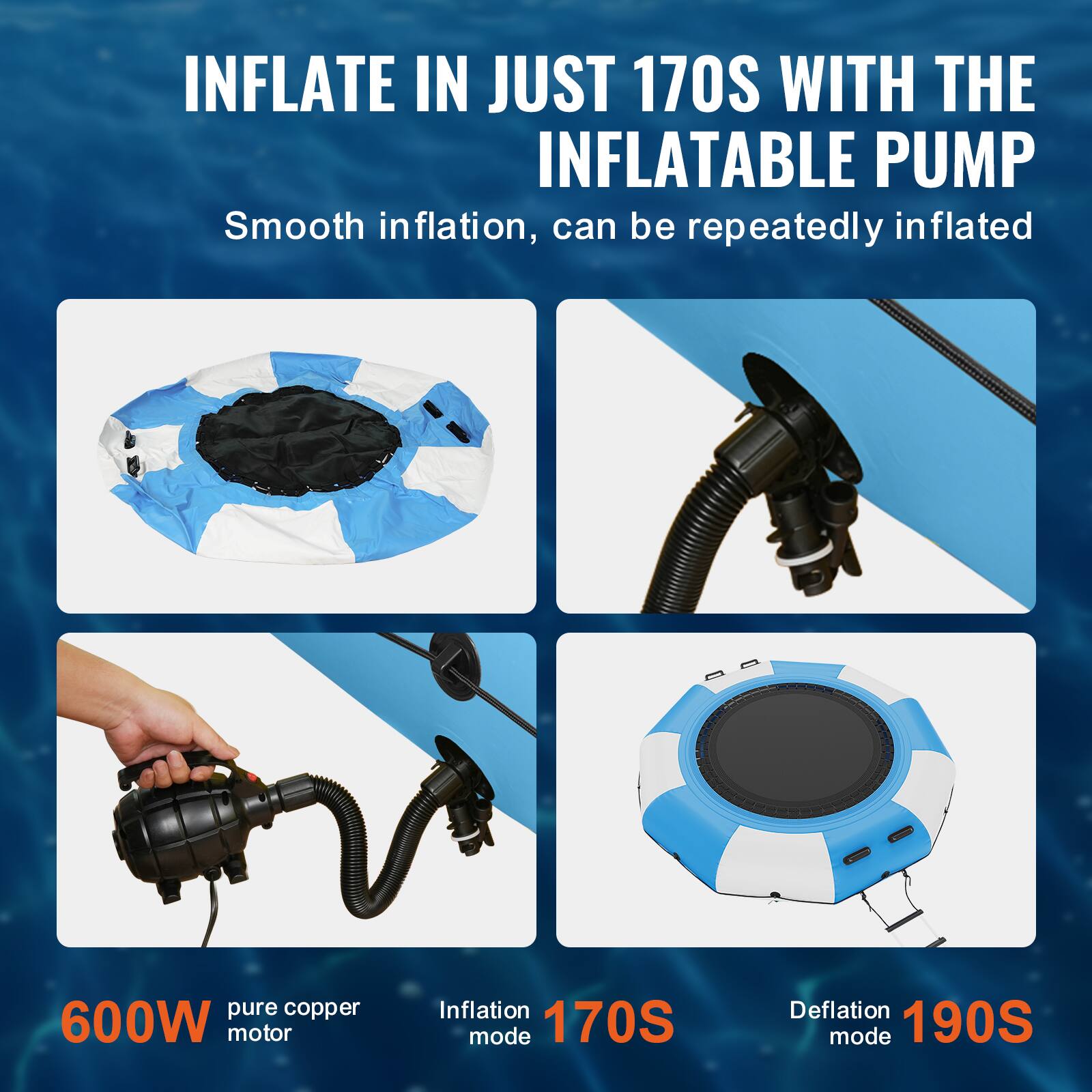 INFLATE IN JUST 170S WITH THE INFLATABLE PUMP. Smooth inflation, can be repeatedly inflated. Pure copper 600W motor. Inflation mode: 170S. Deflation mode: 190S.