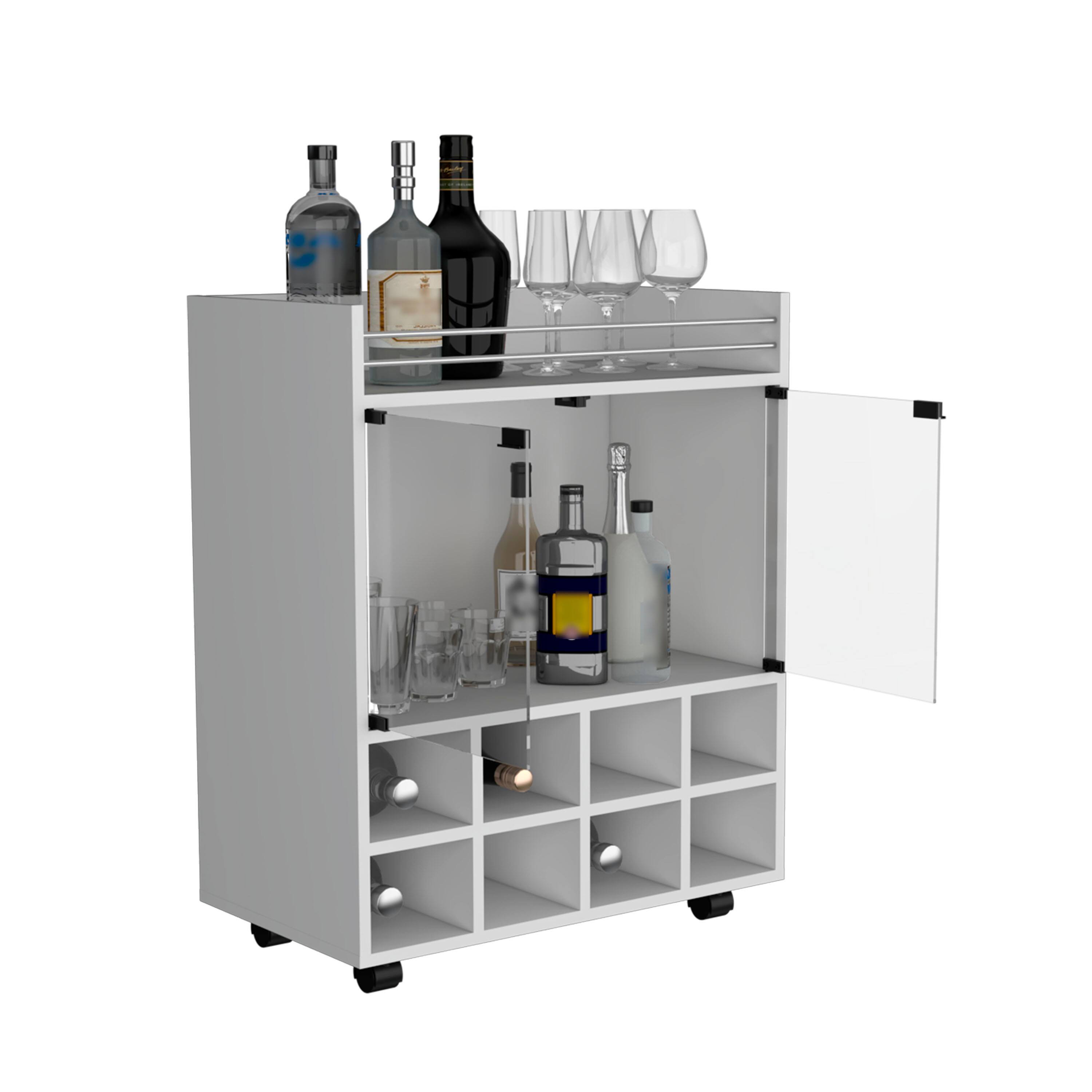 Alt View 3. TuHome - St Andrews Bar Cart with Built-In 8-Bottle Rack, Double Glass Door Cabinet, And Aluminum-Edged Top Surface - White.