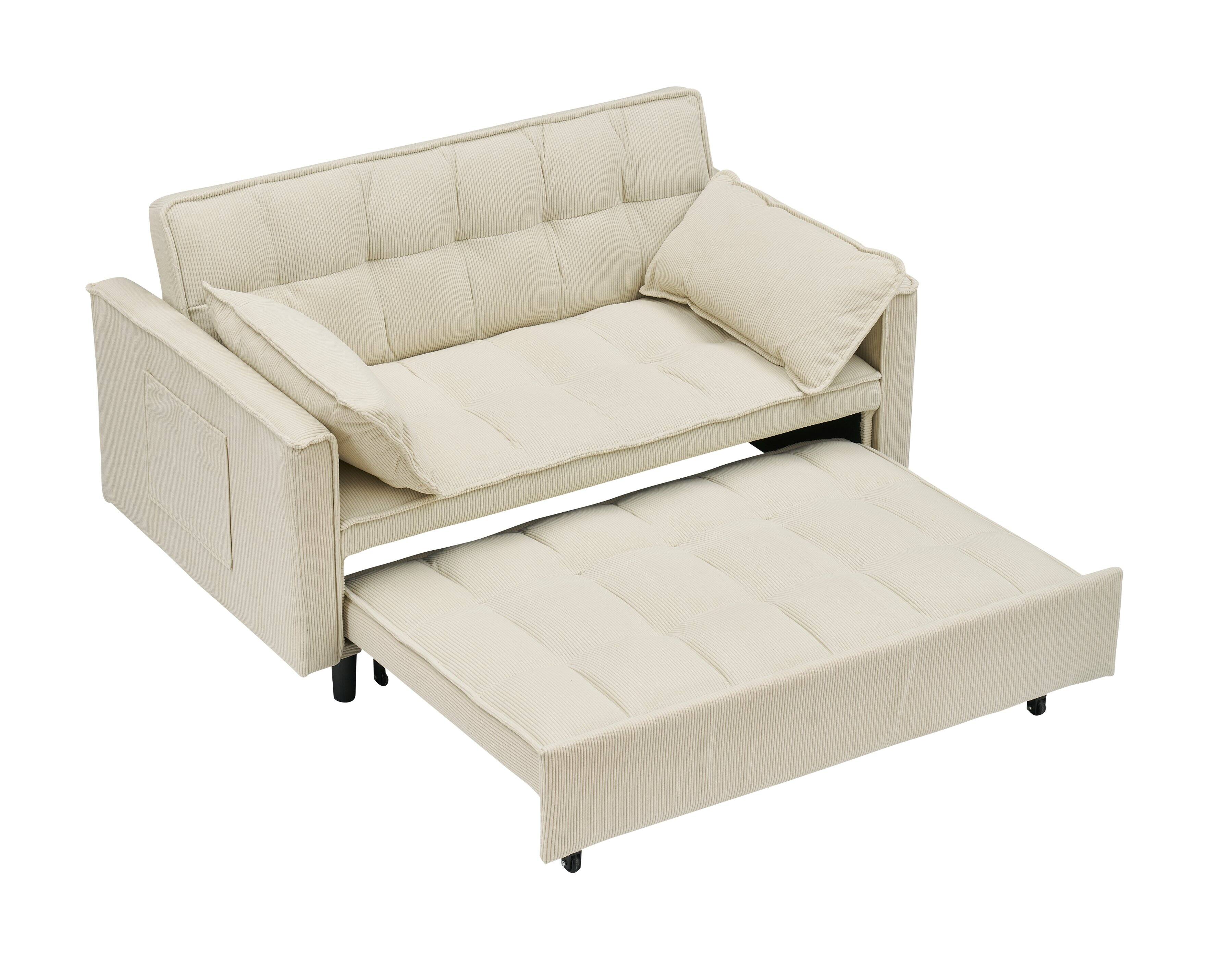 Alt View 1. GOODSILO - Elegant 55-Inch Velvet Sofa Bed with Storage Pockets - Three-in-One Convertible Design - Beige.