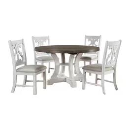 Manhattan Lane - Eya 5pc Dining Table and Chair Set, Distressed White Wood, Gray Fabric - White, Gray