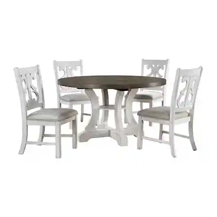 Front. Manhattan Lane - Eya 5pc Dining Table and Chair Set, Distressed White Wood, Gray Fabric - White, Gray.