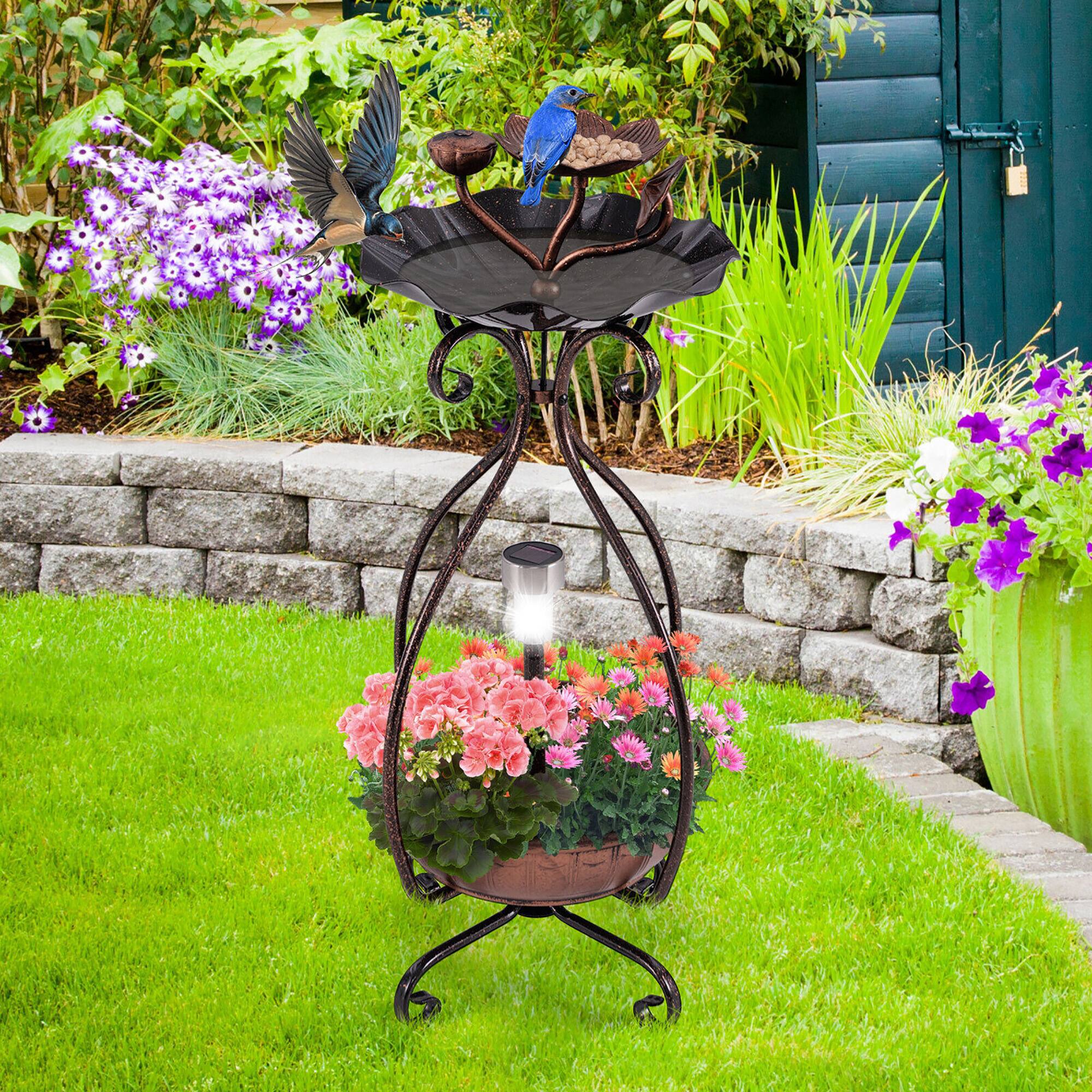 Alt View 2. Gymax - Gymax Solar Outdoor Bird Bath & Feeder Combo w/ Flower Planter Pedestal & Solar Lights Antique Bronze - Antique Bronze.
