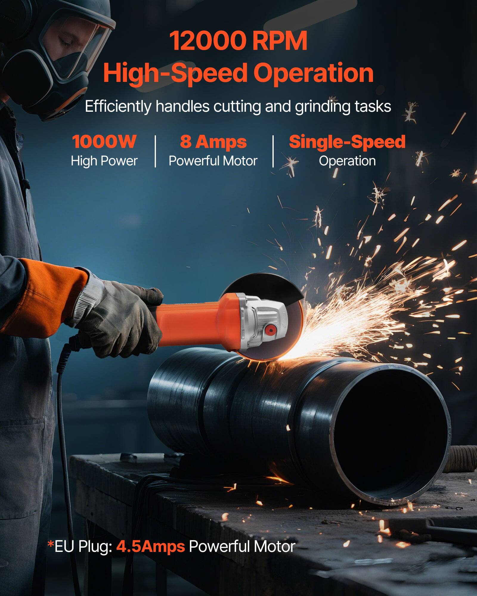 12000 RPM High-Speed Operation  
Efficiently handles cutting and grinding tasks

1000W 8 Amps Single-Speed High Power Powerful Motor Operation

*EU Plug: 4.5Amps Powerful Motor