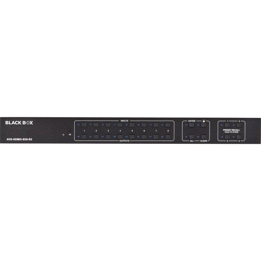 BLACK BOX  
AVS-HDMI2-8X8-R2  

8 INPUTS  
12  

ENTER  
-  
1  

8 OUTPUTS  
1  
ALL  
CLEAR  
PRESET RECALL HOLD TO STORE 10 1